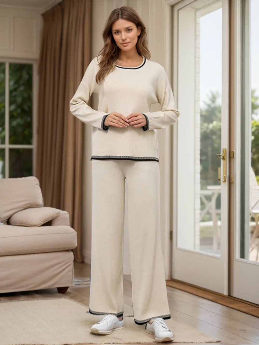 Contrast Trim Round Neck Top and Pants Sweater Set, image 5
