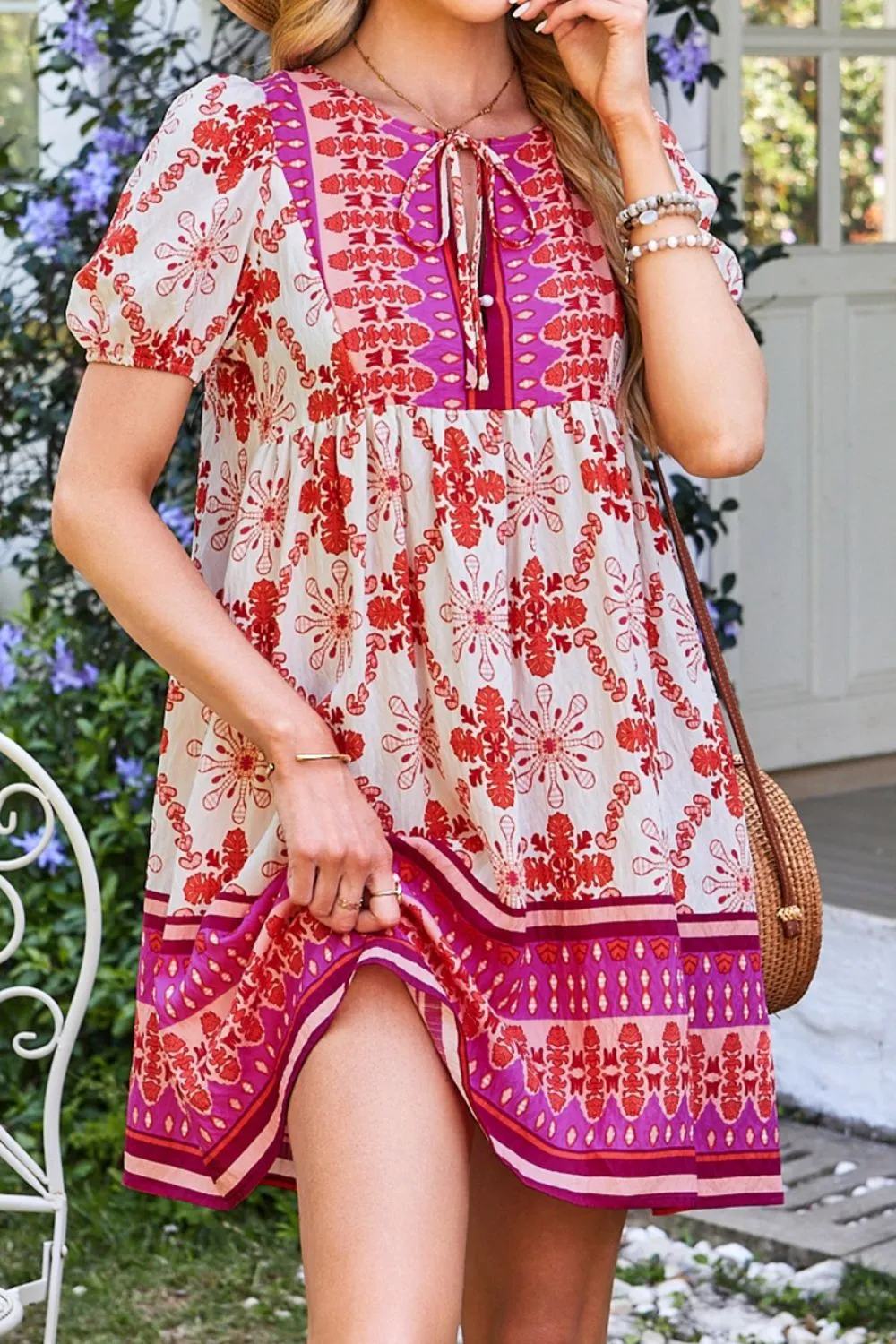 Boho Floral Short Sleeve Tie Neck Mini Dress, image 11