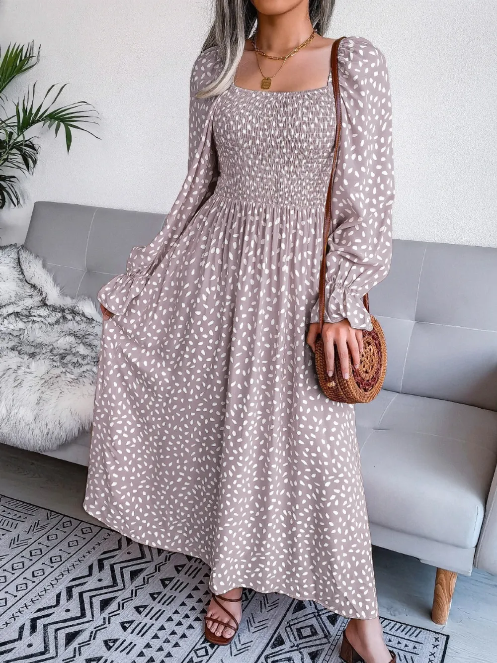Smocked Square Neck Flounce Sleeve Dress, image 16