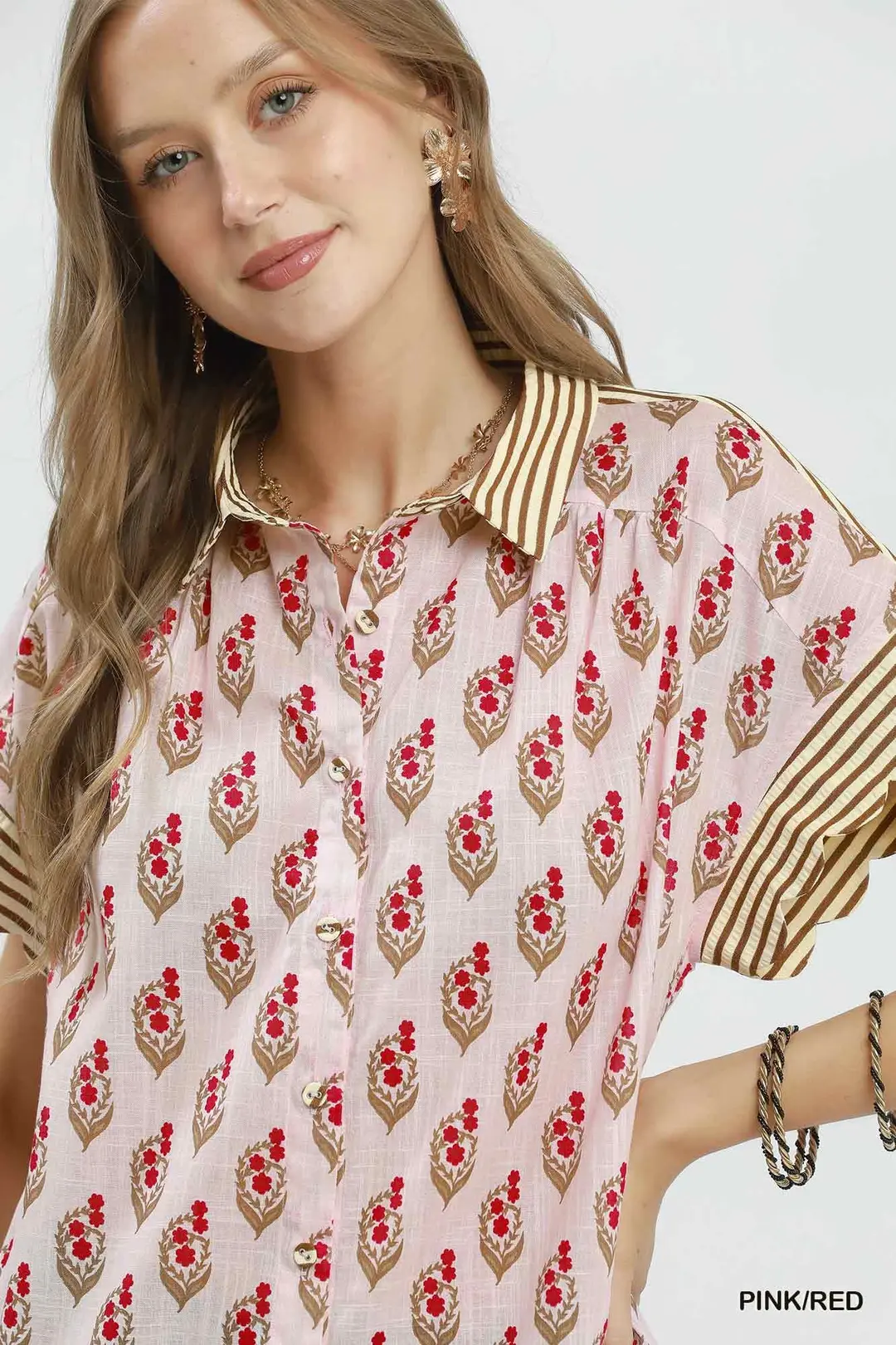 Block Print Button-Front Shirt with Contrast Stripe Point Collar, image 5