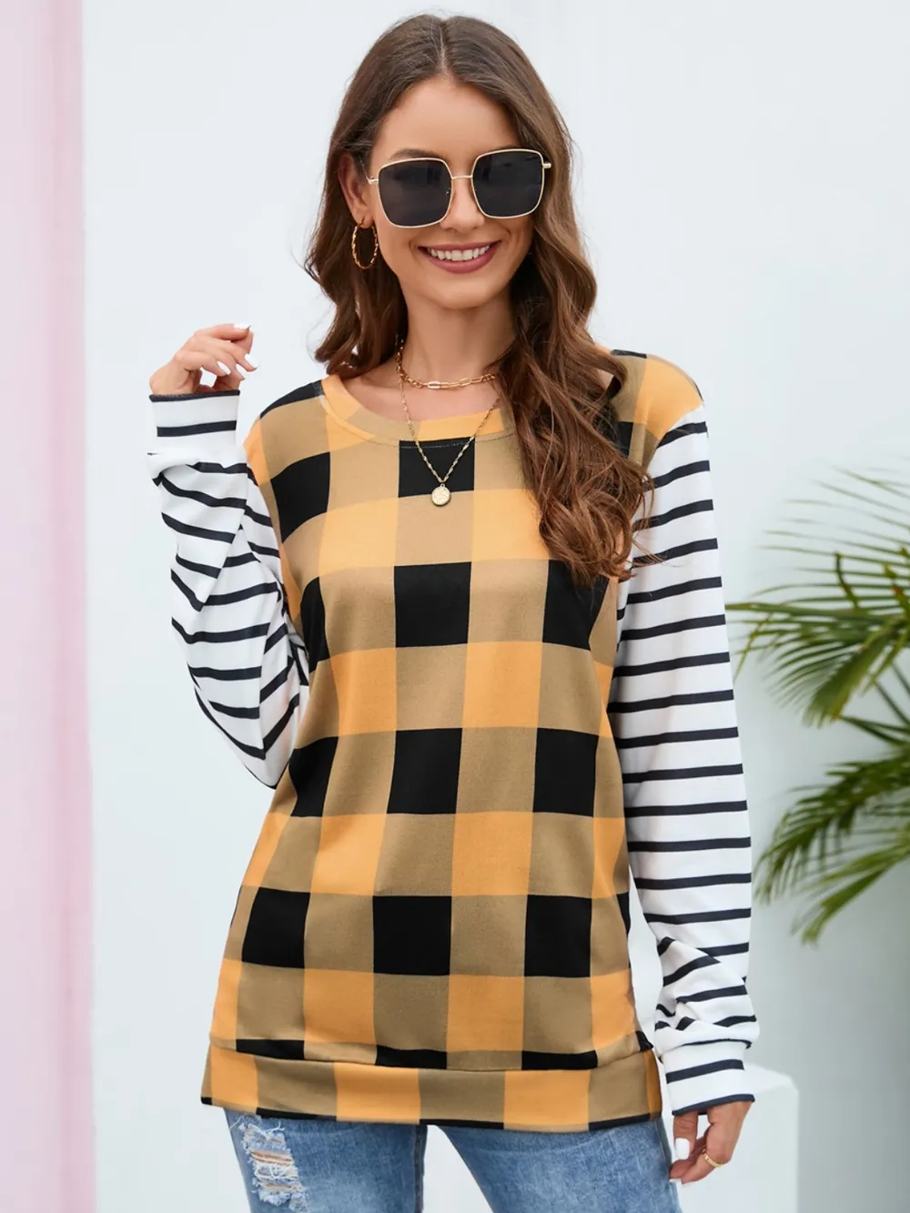 Plaid Striped Round Neck Long Sleeve T-Shirt, image 9