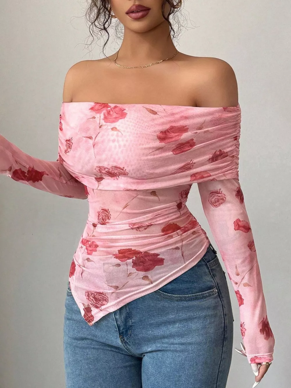 Floral Print Off-Shoulder Mesh Top, image 6