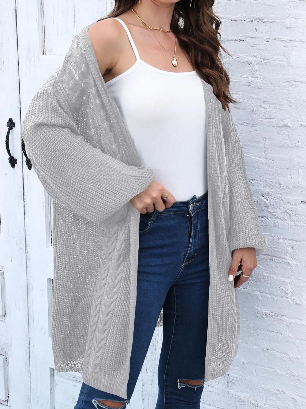 Cable-Knit Open Front Long Sleeve Cardigan, image 9