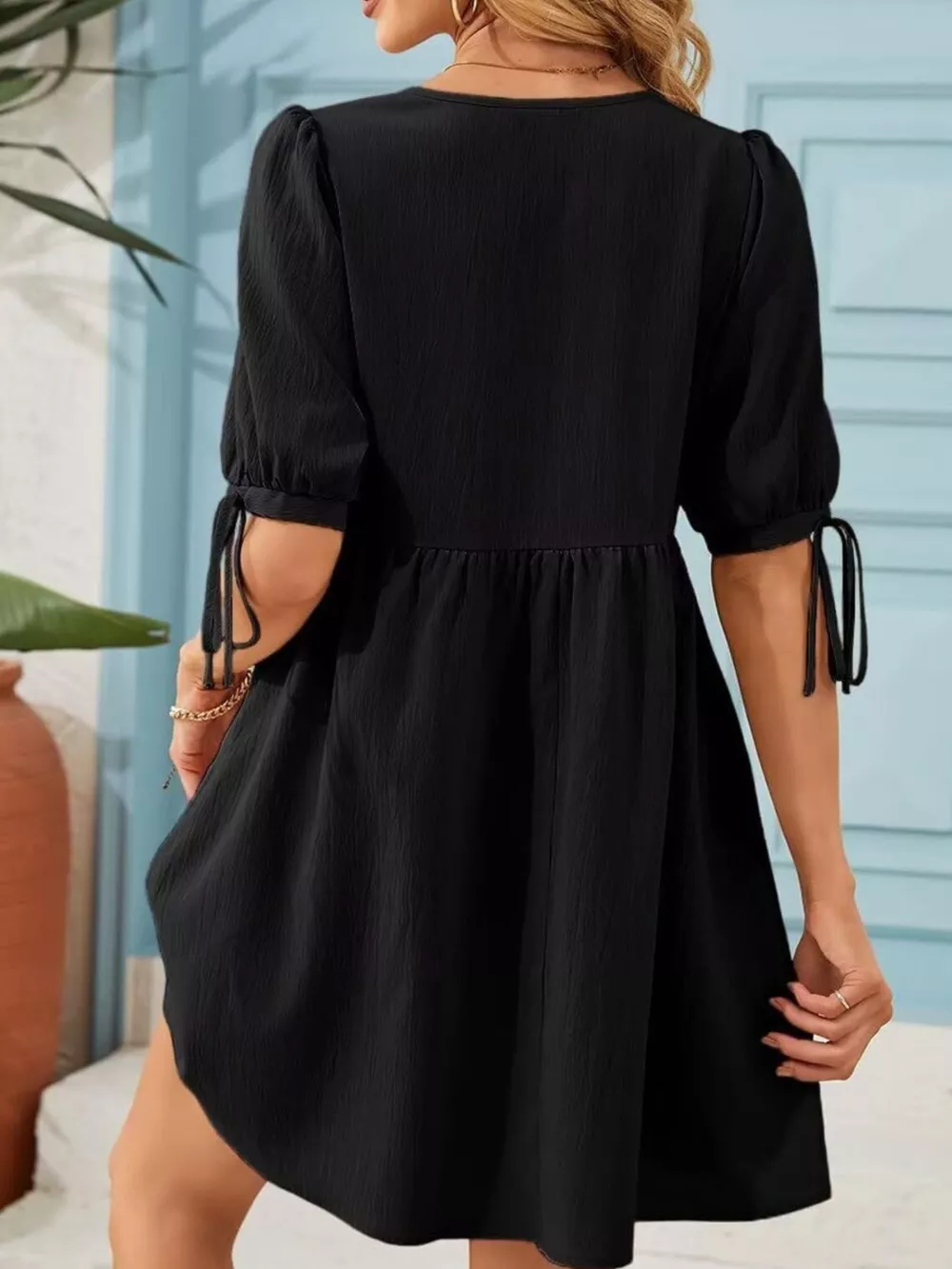 Tie-Neck Puff Sleeve A-Line Mini Dress, image 7
