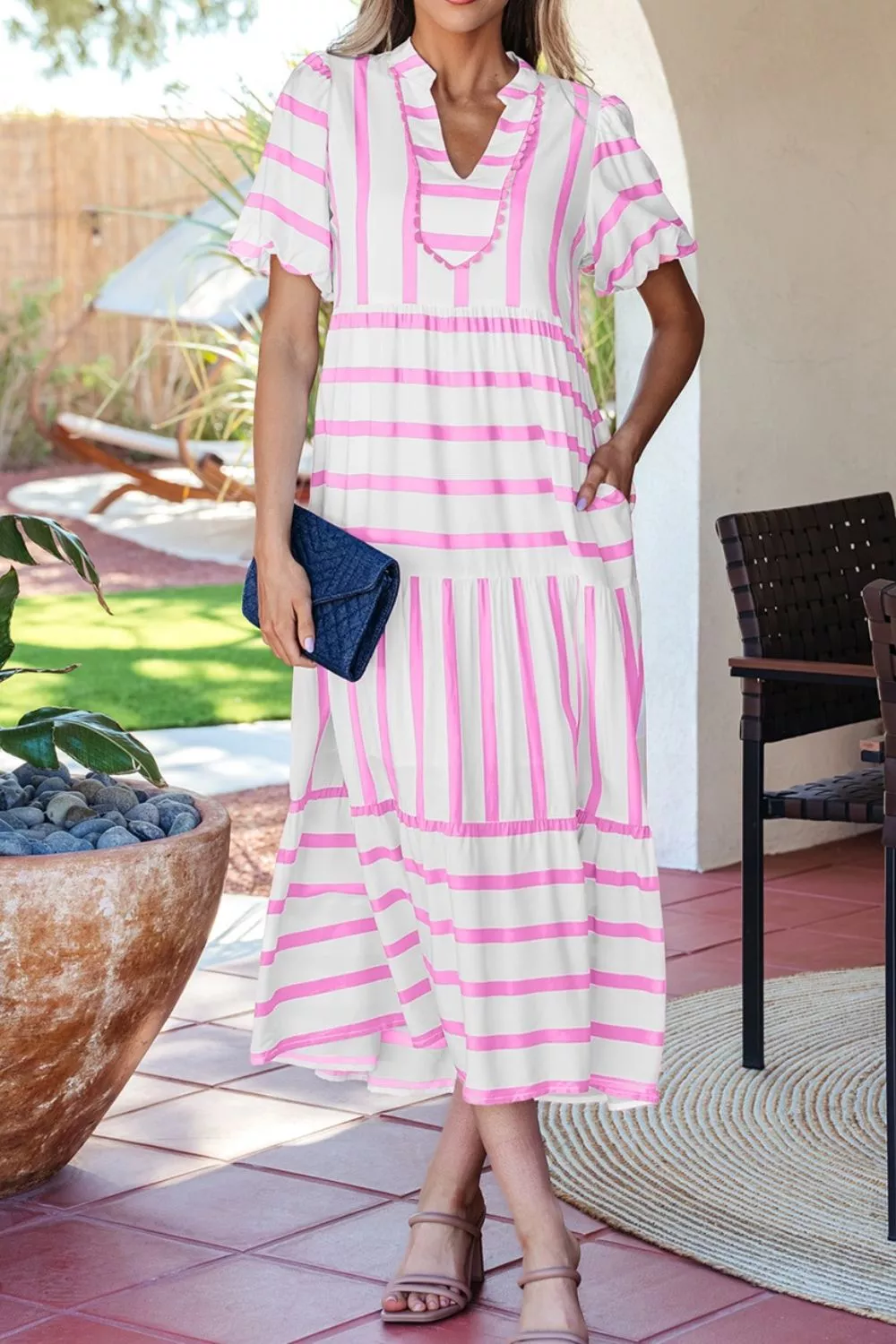 Stripe Ricrac Trim Notched Neck Half Sleeve Dress, image 6