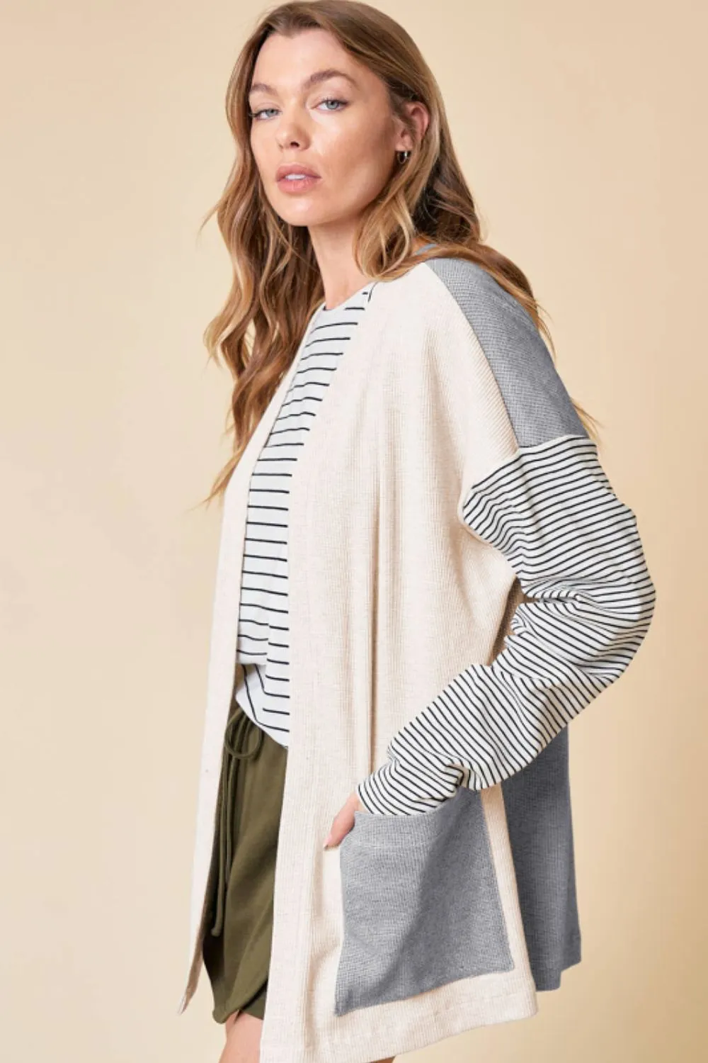 Open Front Long Sleeve Striped Cardigan with Pockets, image 7