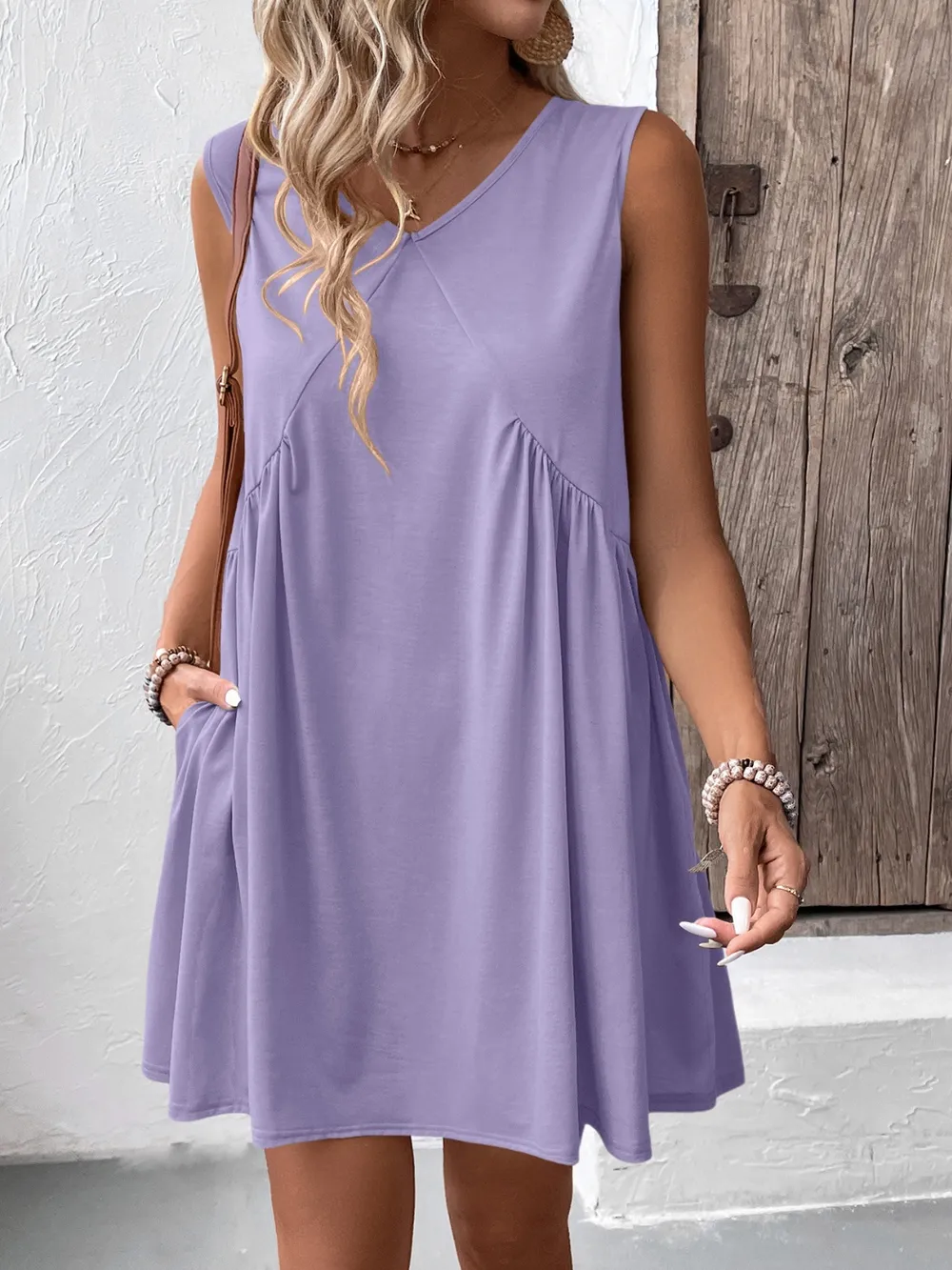 Ruched V-Neck Sleeveless Mini Dress, image 15
