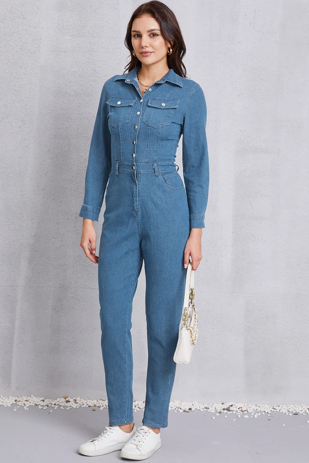 Snap Down Denim Jumpsuit with Pockets, image 3