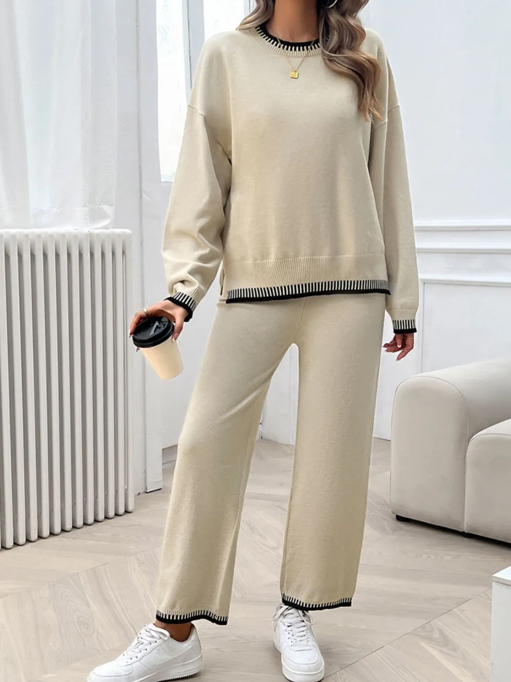 Round Neck Dropped Shoulder Top and Pants Sweater Set, image 10