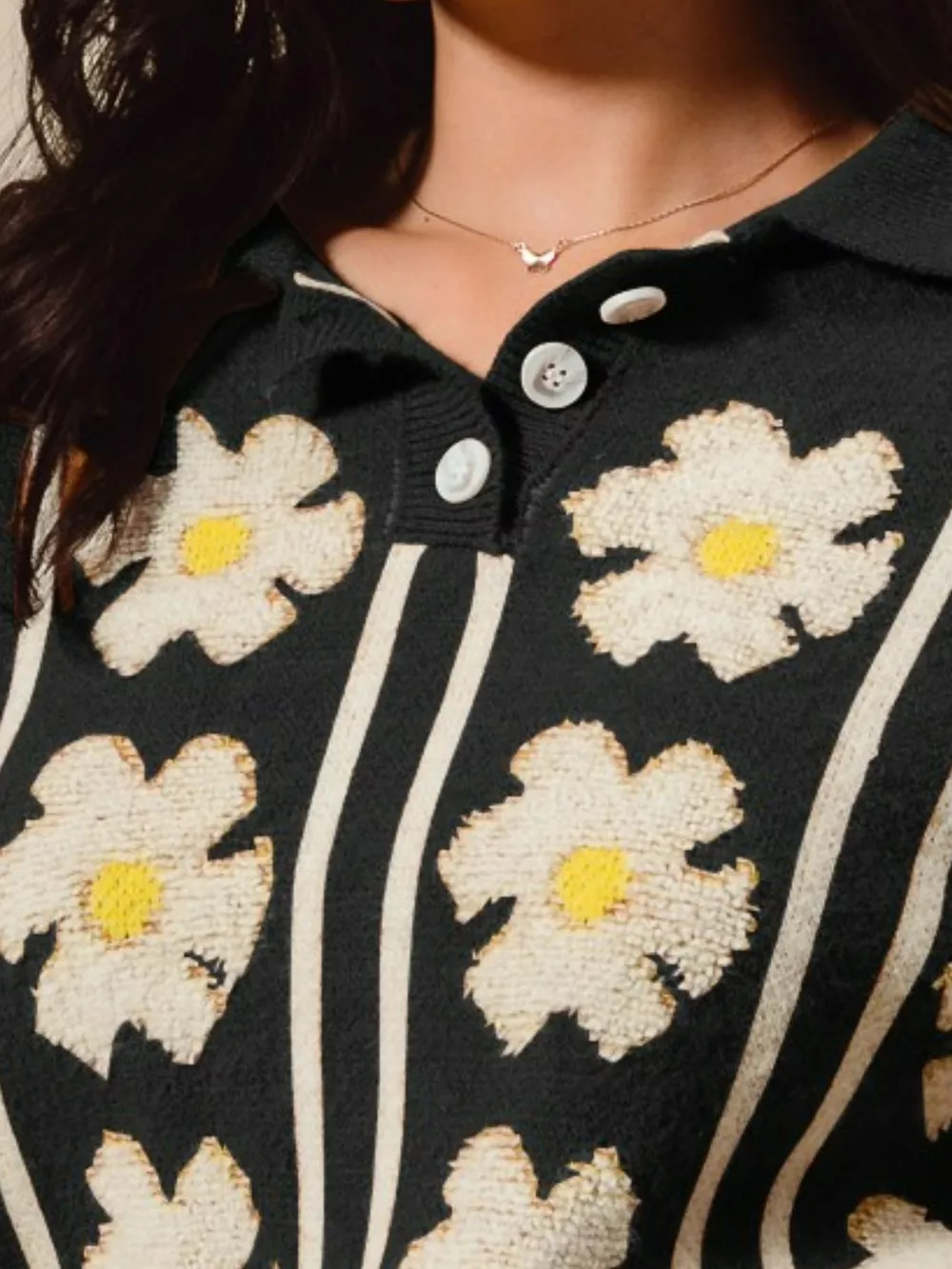 Floral Stripe Polo Collar Sweater, image 3