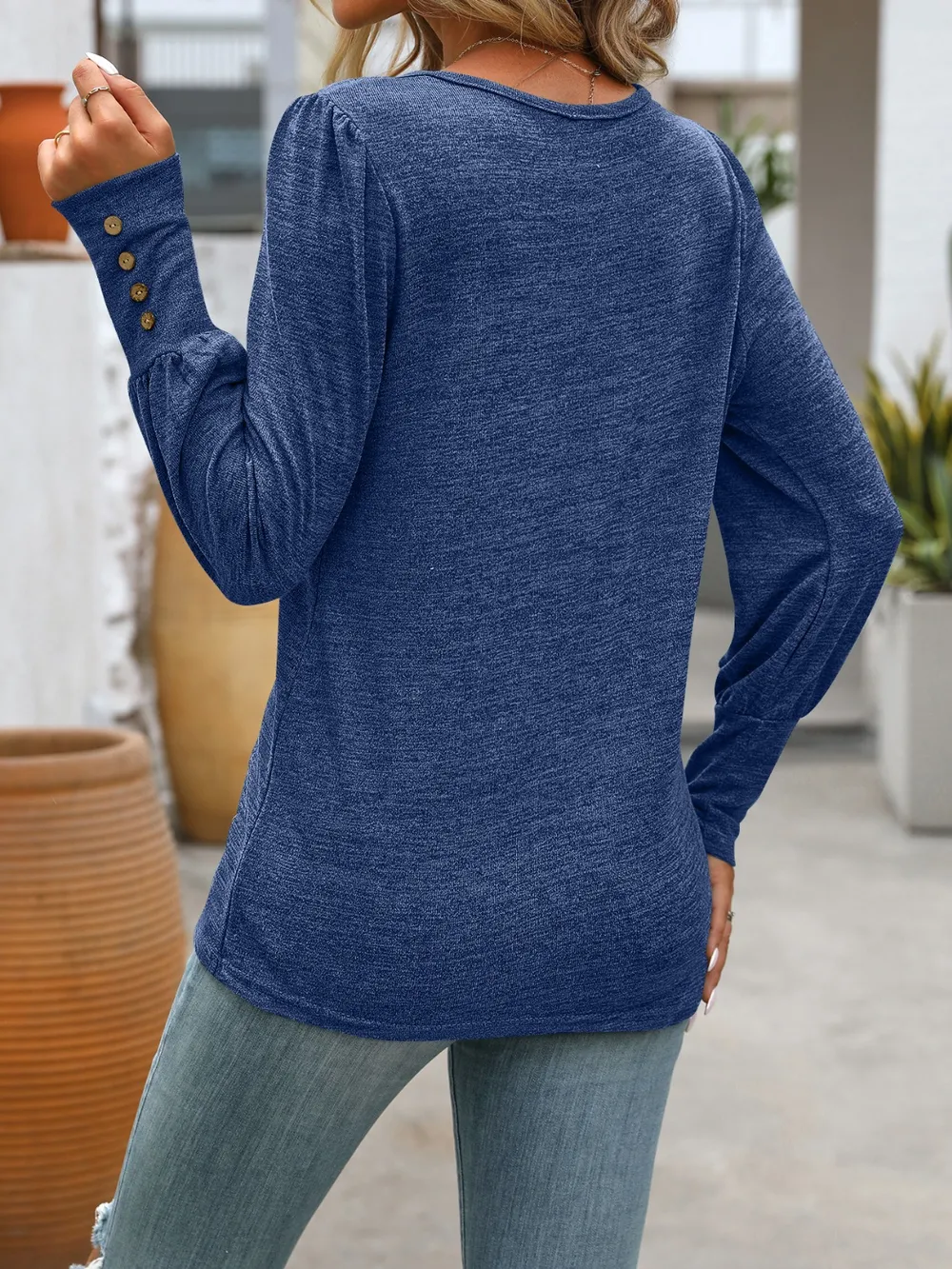 Decorative Button Round Neck Long Sleeve T-Shirt, image 3