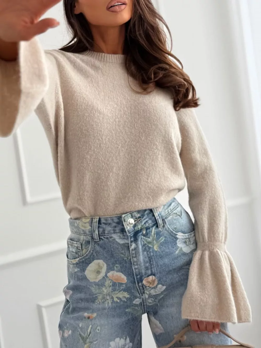 Round Neck Flounce Sleeve Sweater, image 2