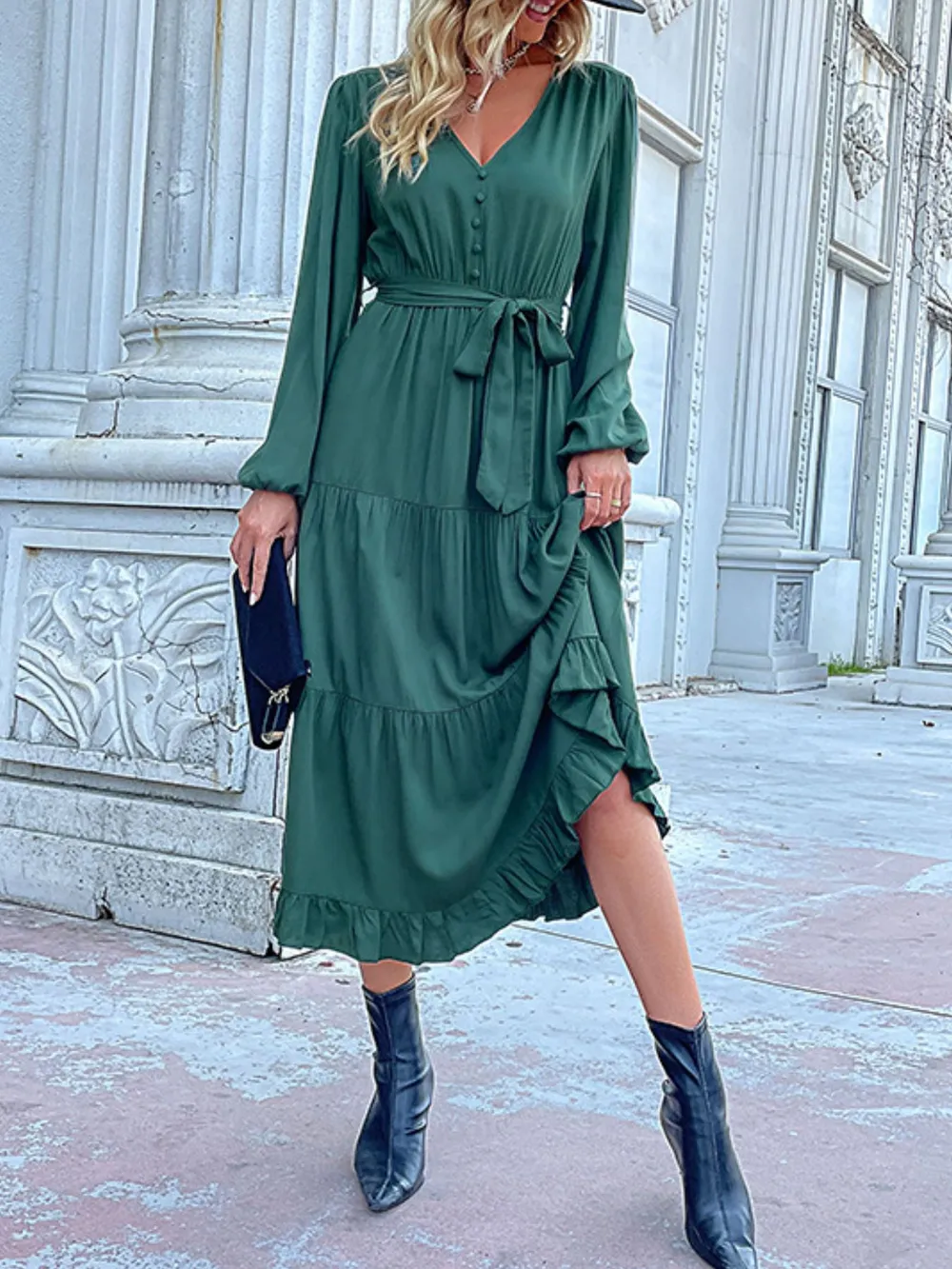 Ruffled Hem V-Neck Balloon Sleeve Dress, image 27