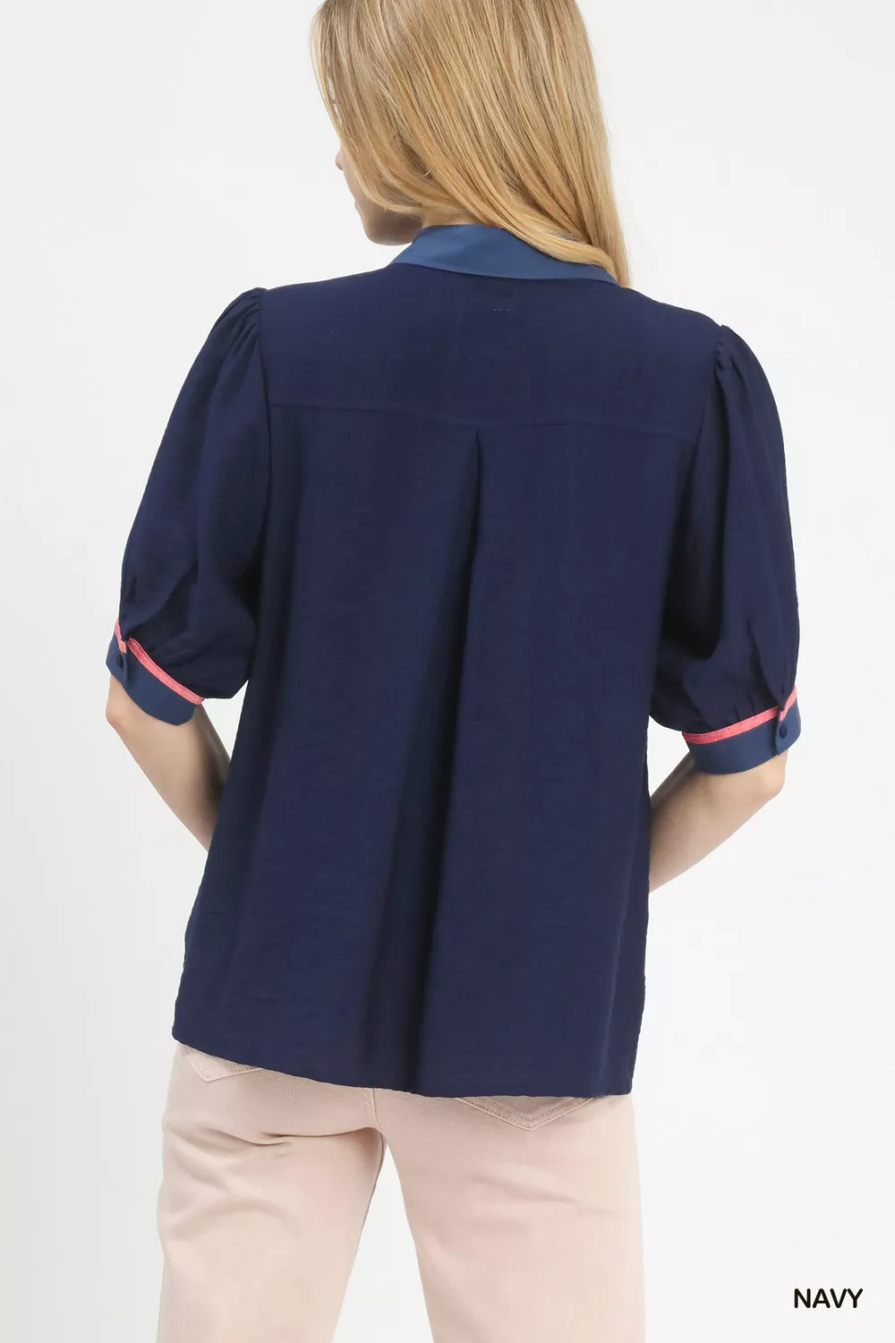 Embroidered Puff Sleeve Contrast Trim Top, image 5