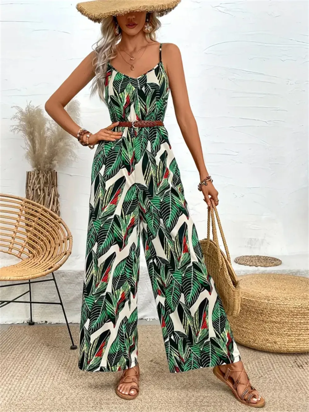 Tropical Print Spaghetti Strap Wide Leg Jumpsuit, image 6
