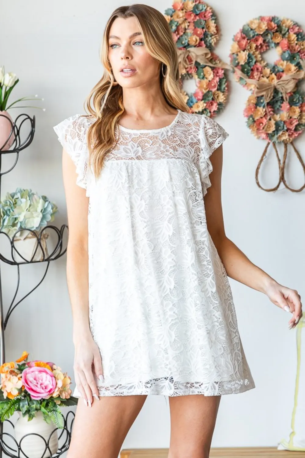 Full Size Round Neck Cap Sleeve Lace Top, image 3