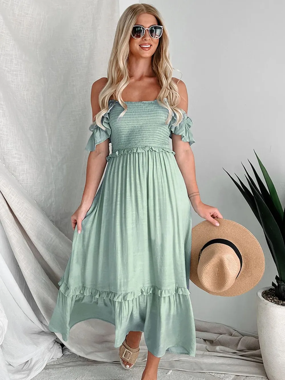 Frill Smocked Off-Shoulder Ruffle Sleeve Dress, image 4