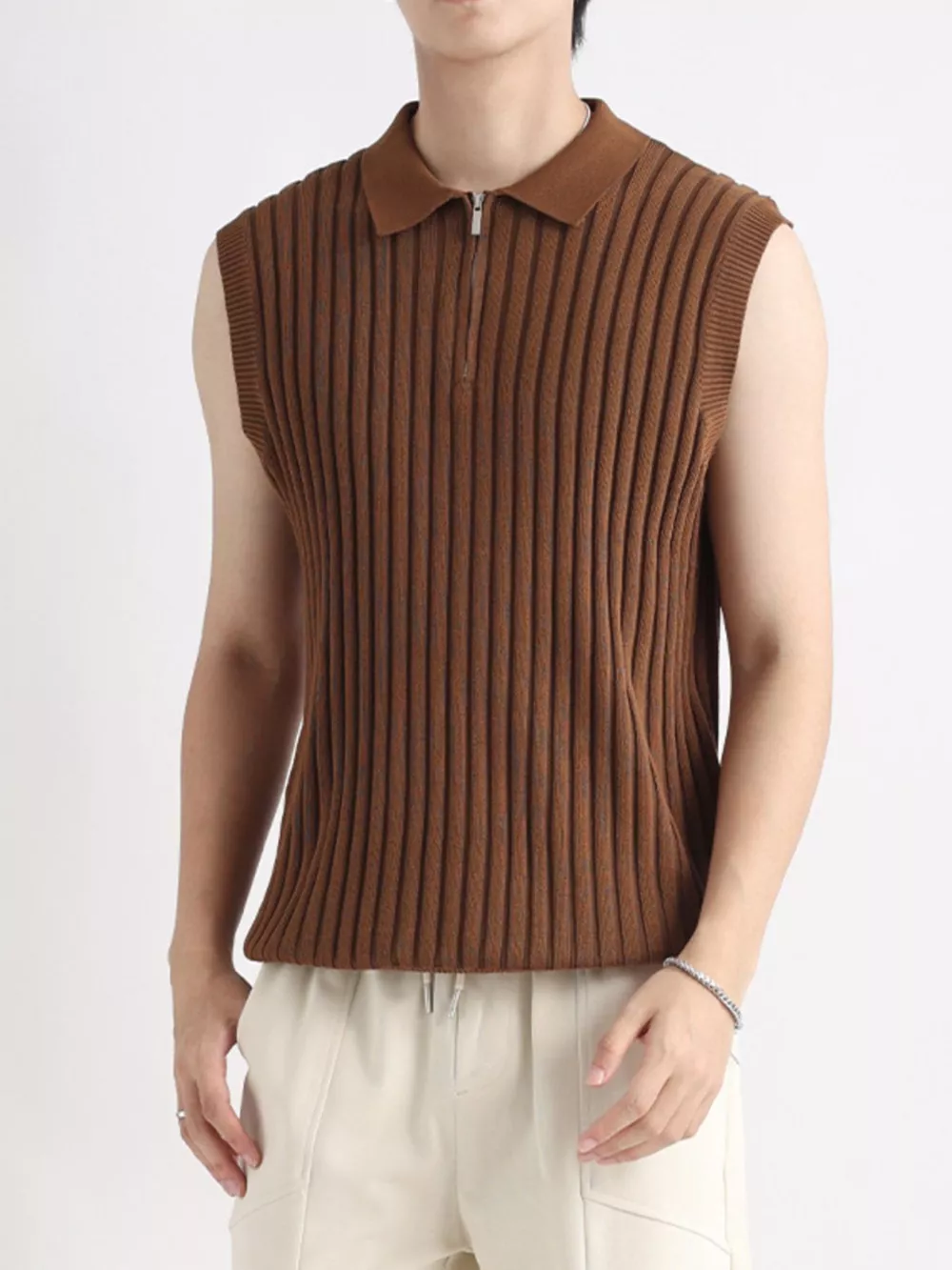 Men's Plus Size Ribbed Knit Zip-Up Tank, image 3
