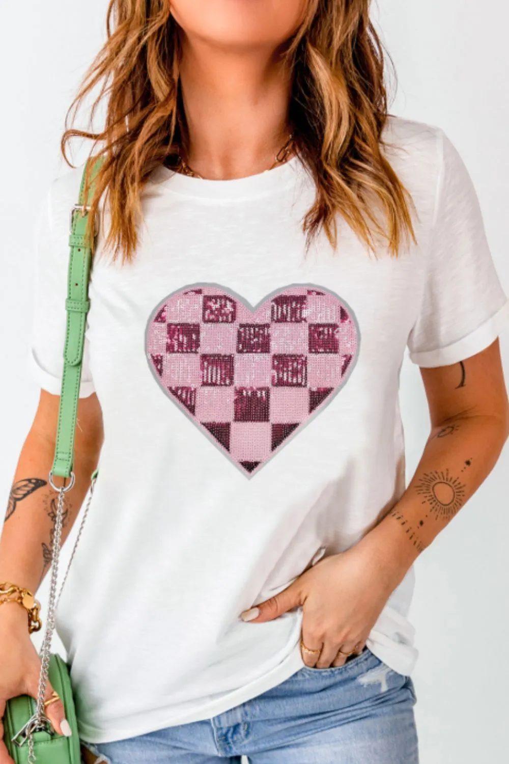 Sequin Checkered Heart Round Neck Short Sleeve T-Shirt, image 5