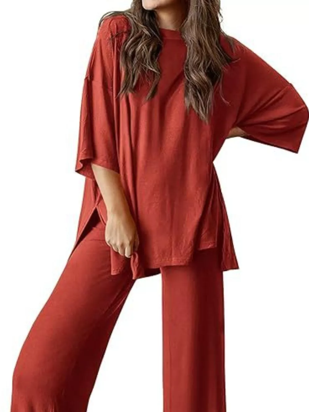 Slit Round Neck Top and Pants Set, image 19