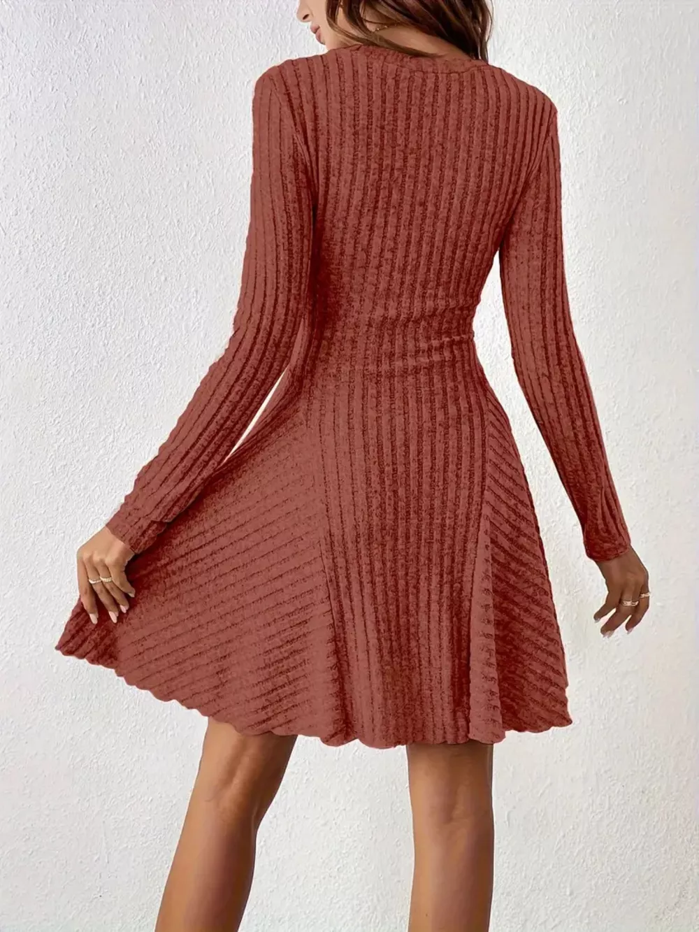 Ribbed Knit Long Sleeve A-Line Dress, image 22