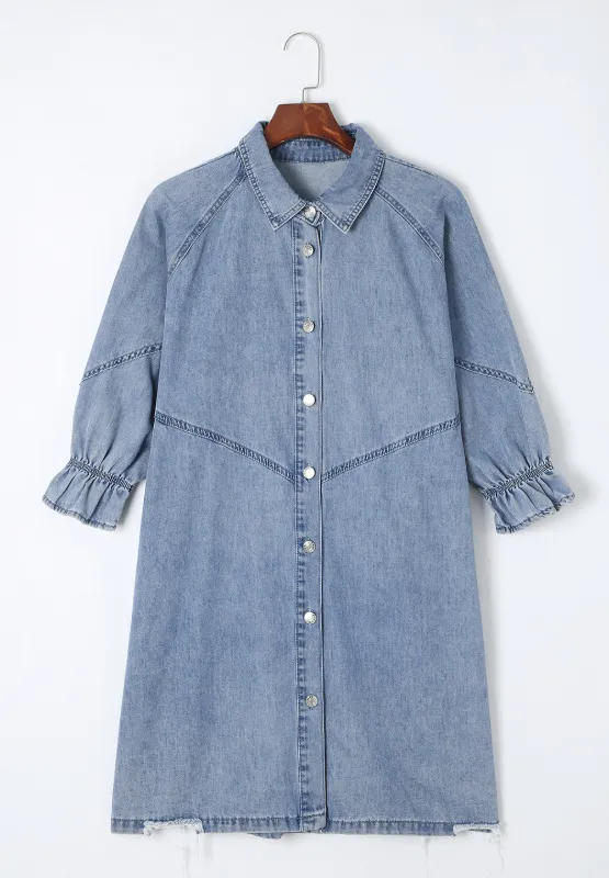 Distressed Collared Neck Flounce Sleeve Denim Dress, image 8