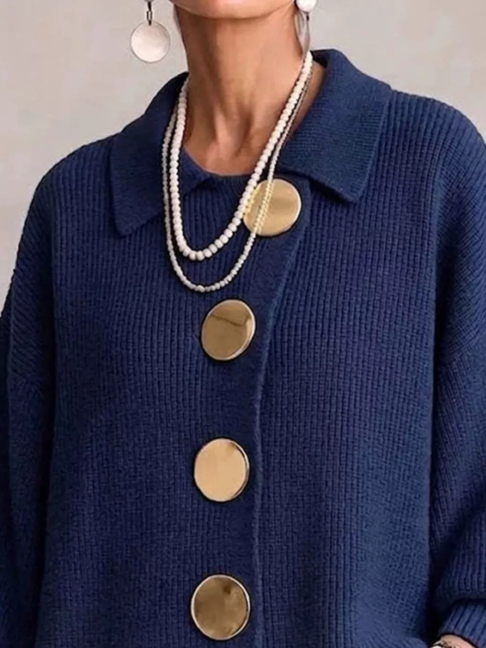 Full Size Gold Buttons Lantern Sleeve Cardigan Plus Size, image 8