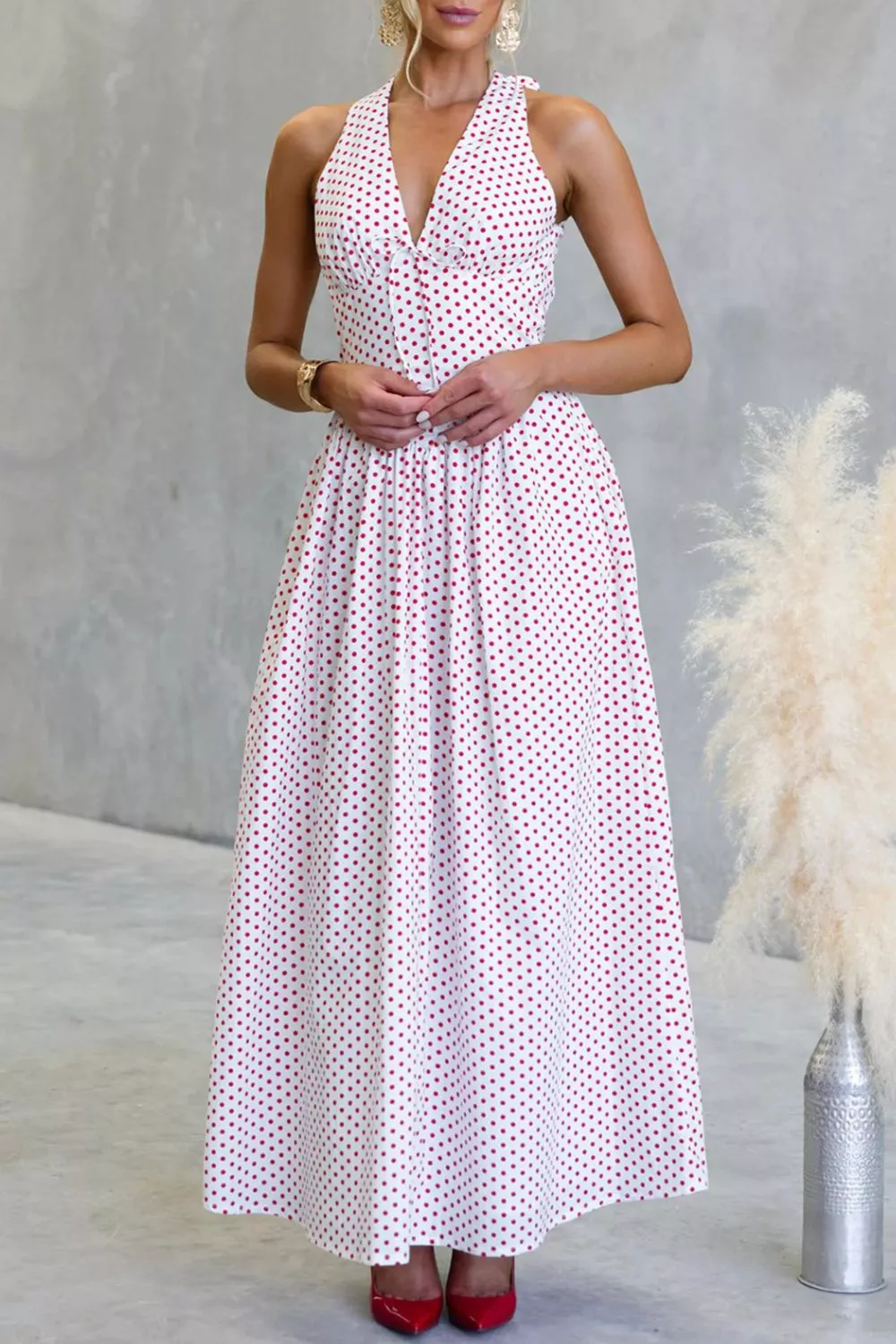 Backless Polka Dot Halter Neck Maxi Dress, image 14