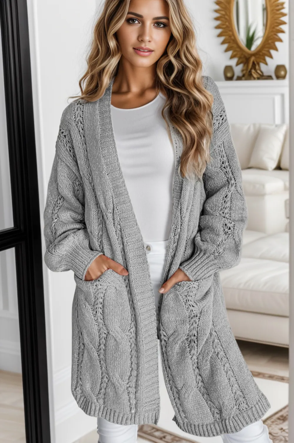 Cable-Knit Dropped Shoulder Slit Cardigan, image 23