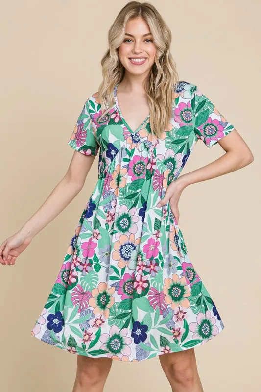 Ruched Floral V-Neck Short Sleeve Dress