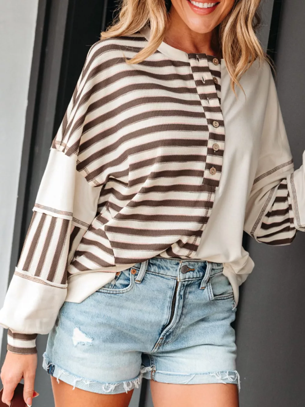 Stripe Stitched Detail Color Block Patchwork Oversized Top, image 10