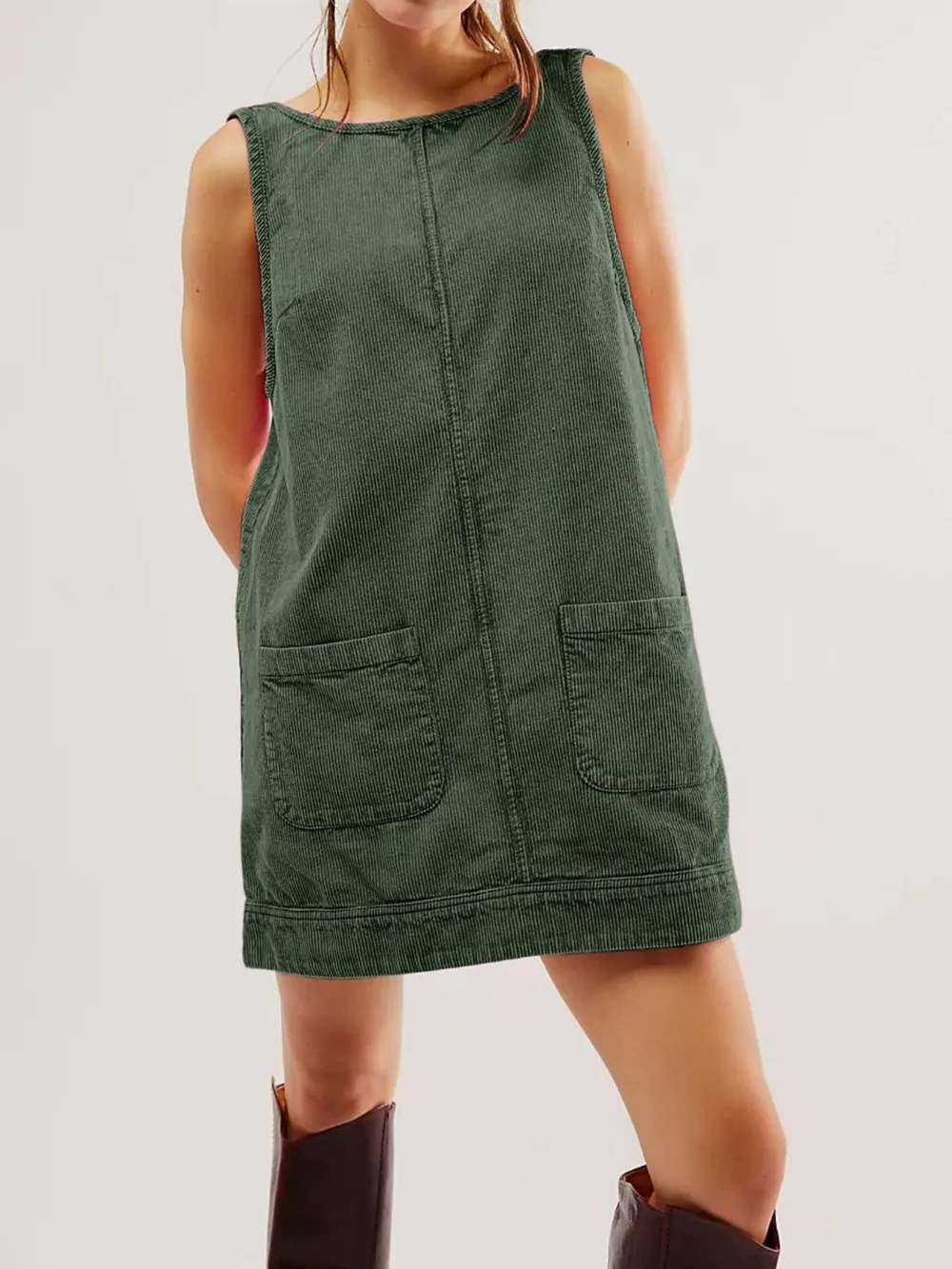 Round Neck Wide Strap Mini Dress with Pockets, image 15