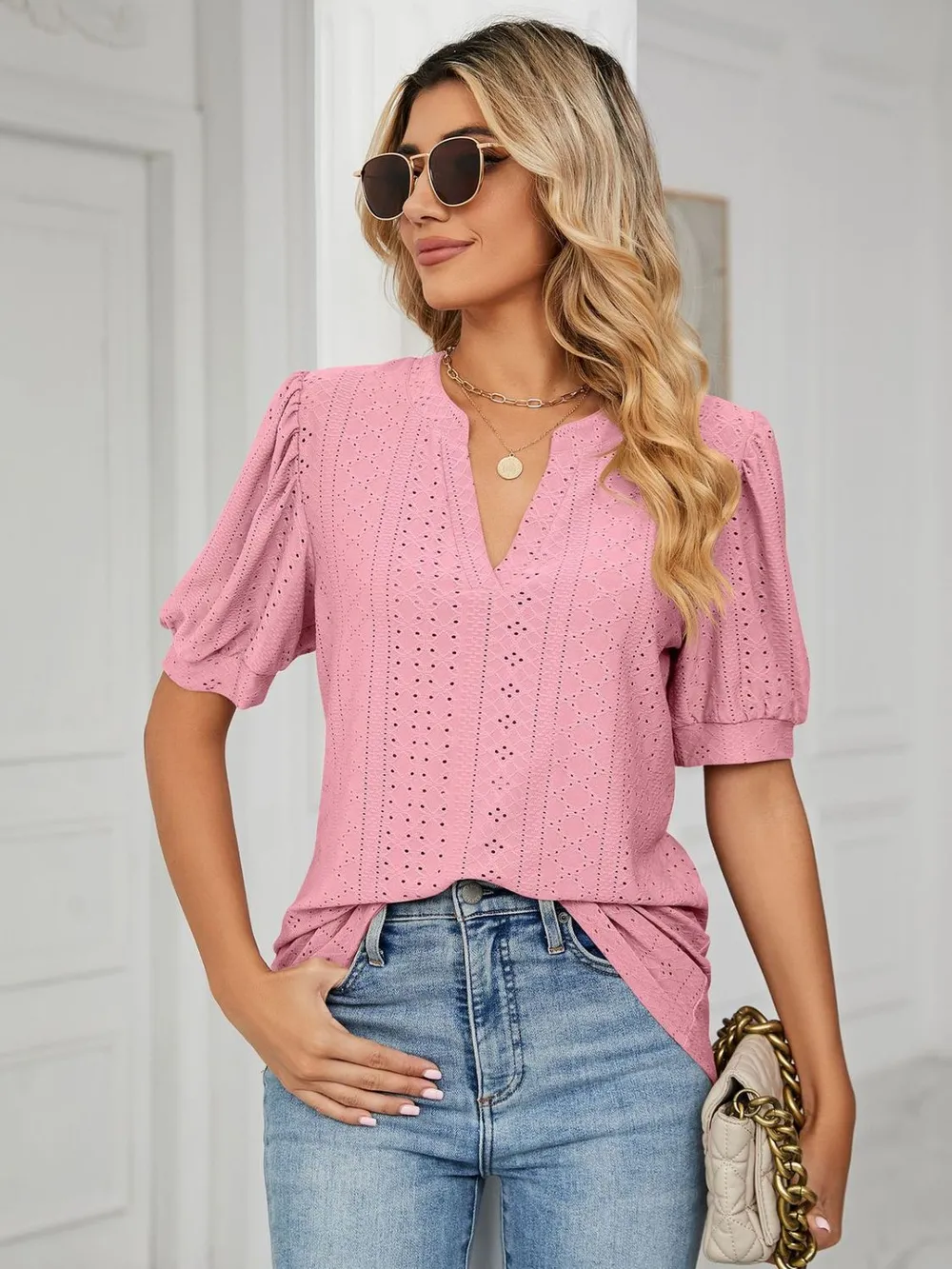 Eyelet Notched Short Sleeve T-Shirt, image 24