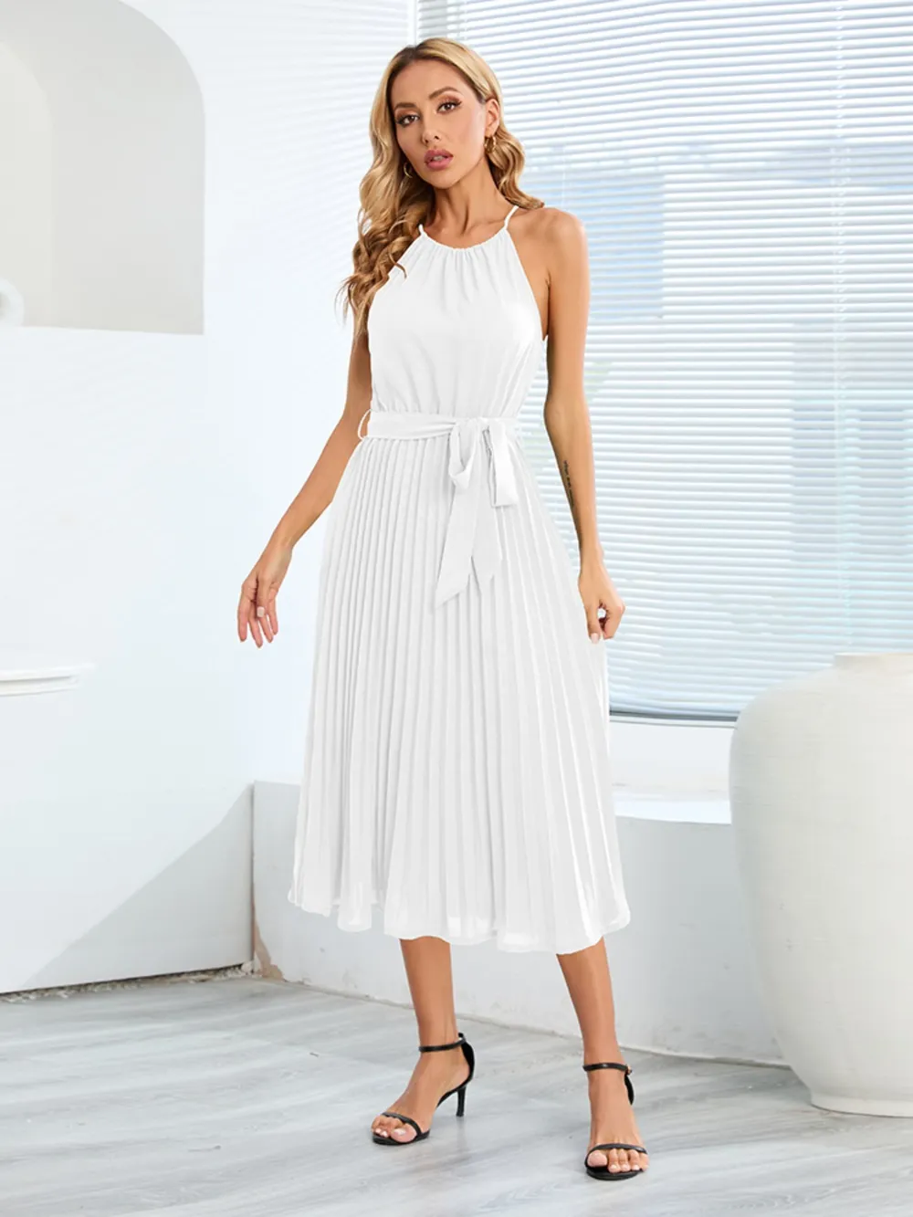 Pleated Spaghetti Strap Tie Waist Midi Dress, image 10