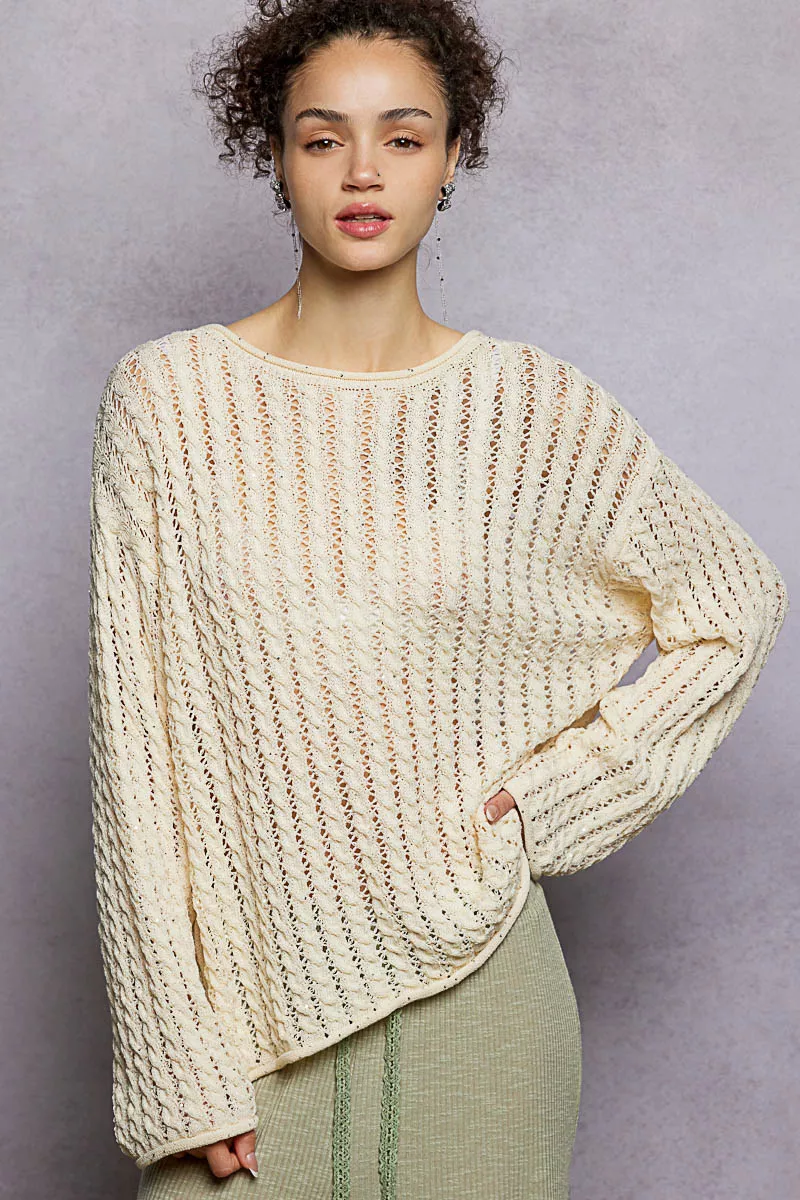 Openwork Round Neck Knit Top with Shiny Detail, image 4