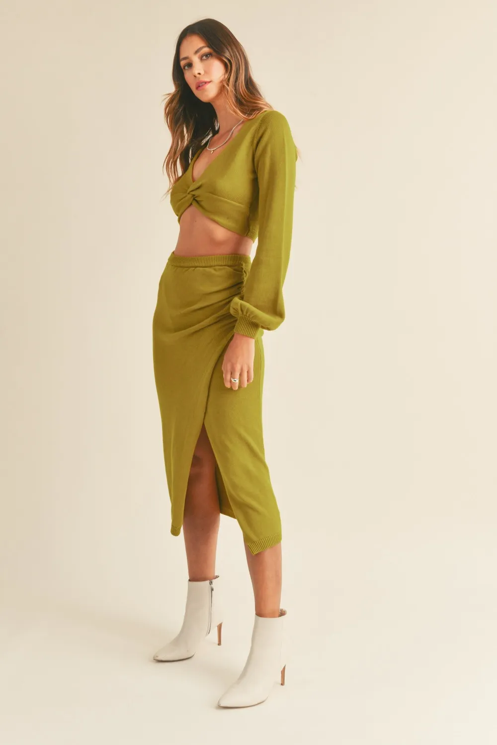 Front Twisted Knit Top and Midi Skirt Set, image 3
