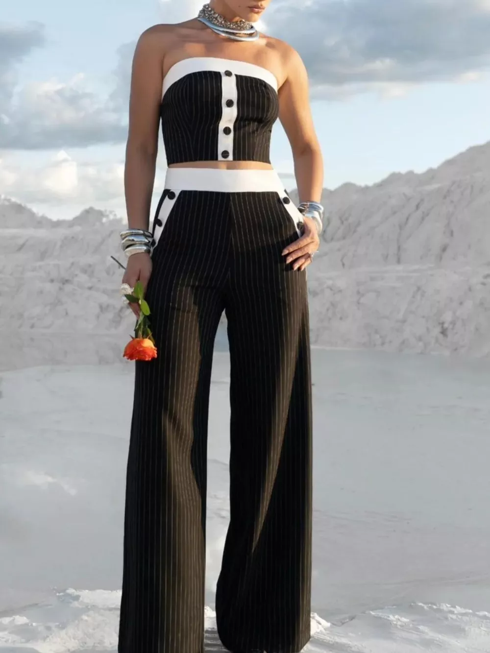 Striped Strapless Crop Top and Wide-Leg Pants Set, image 2