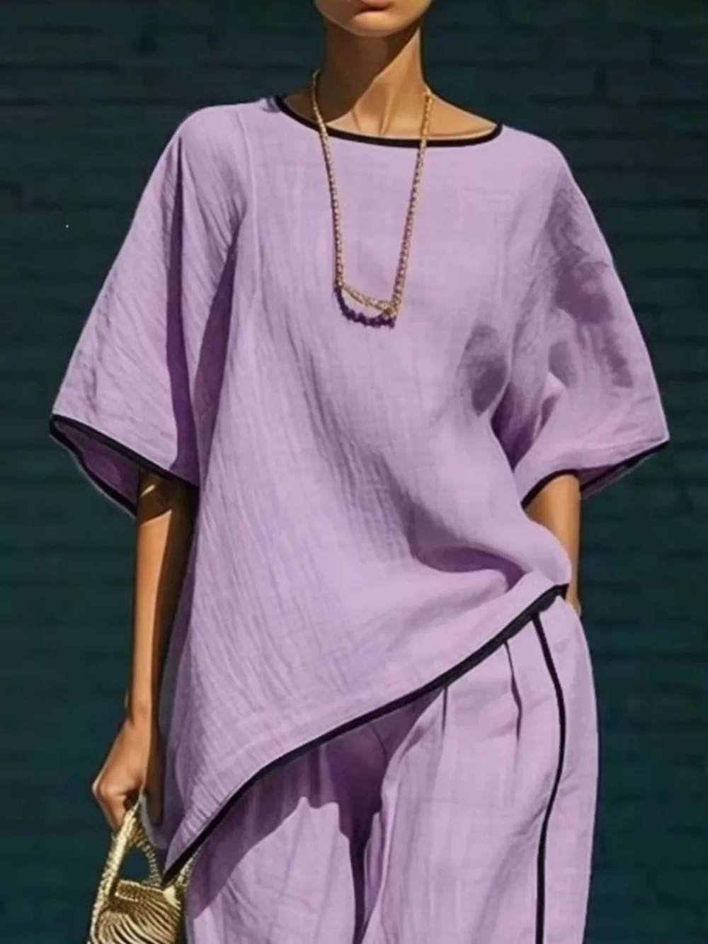 Contrast Trim Round Neck Top and Pants Set, image 10