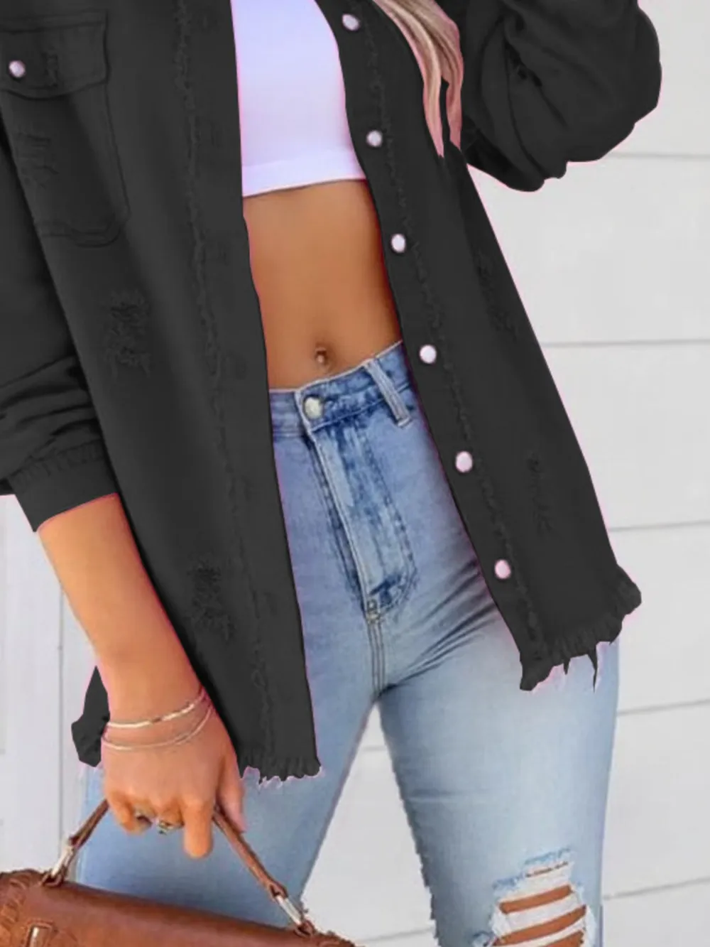 Distressed Denim Jacket with Frayed Edges, image 21