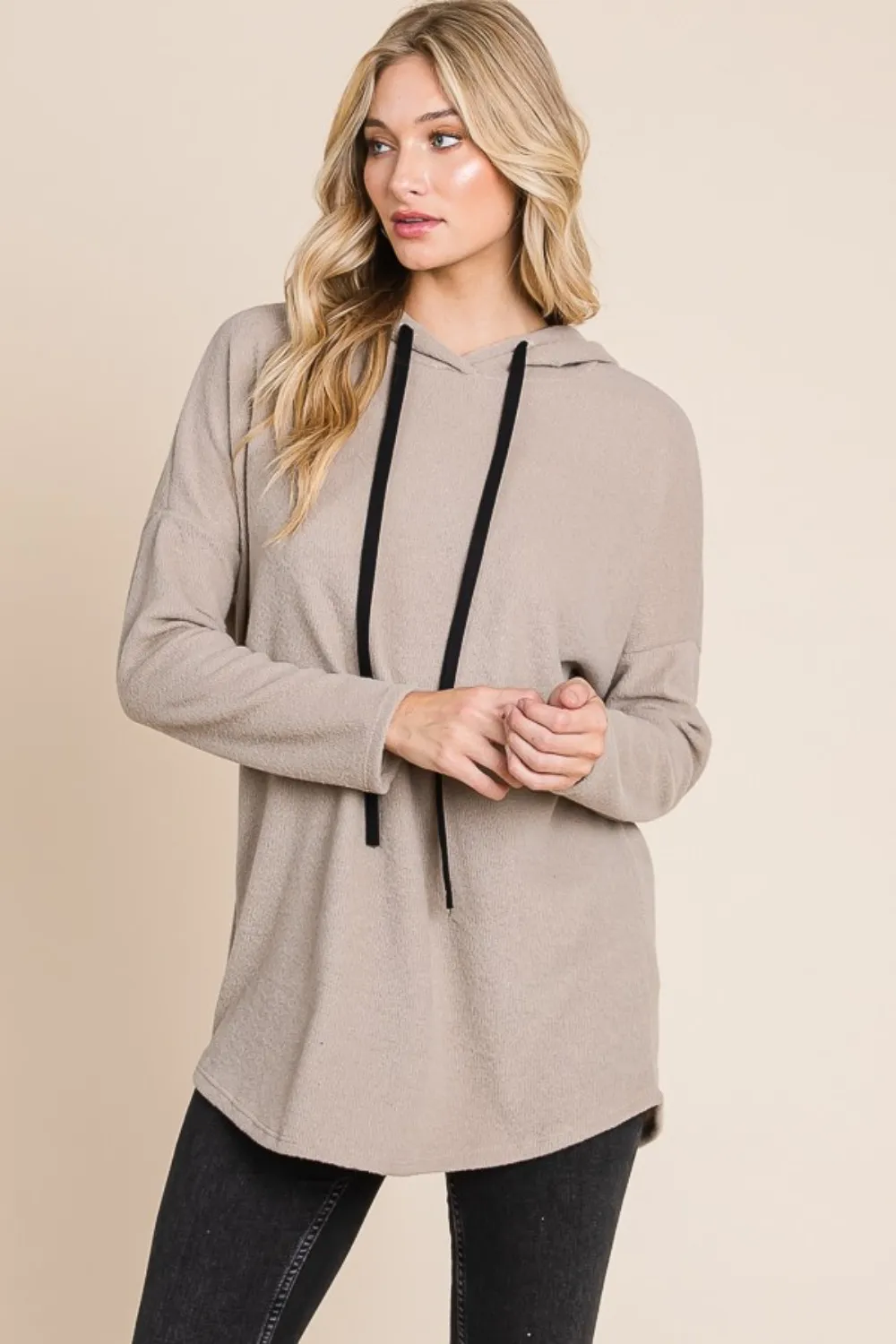 Contrast Drawstring Drop Shoulder Knit Hoodie, image 3