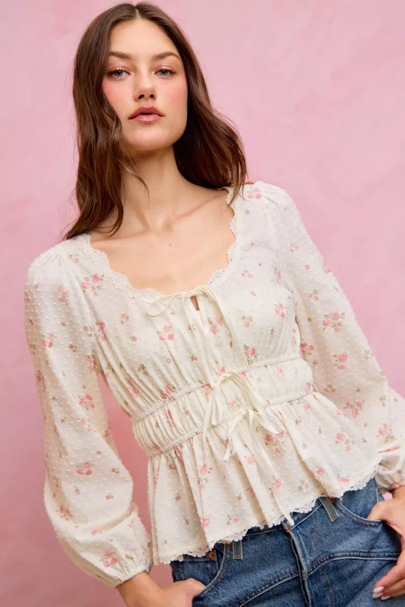 Floral Clip Dot Lace Trim Ruched Bodice Blouse, image 16