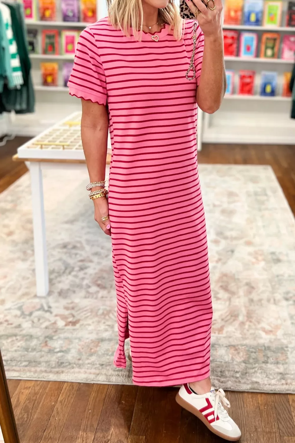 Stripe Striped Short Sleeve Scalloped Trim Side Slit Maxi Tee Dress, image 4