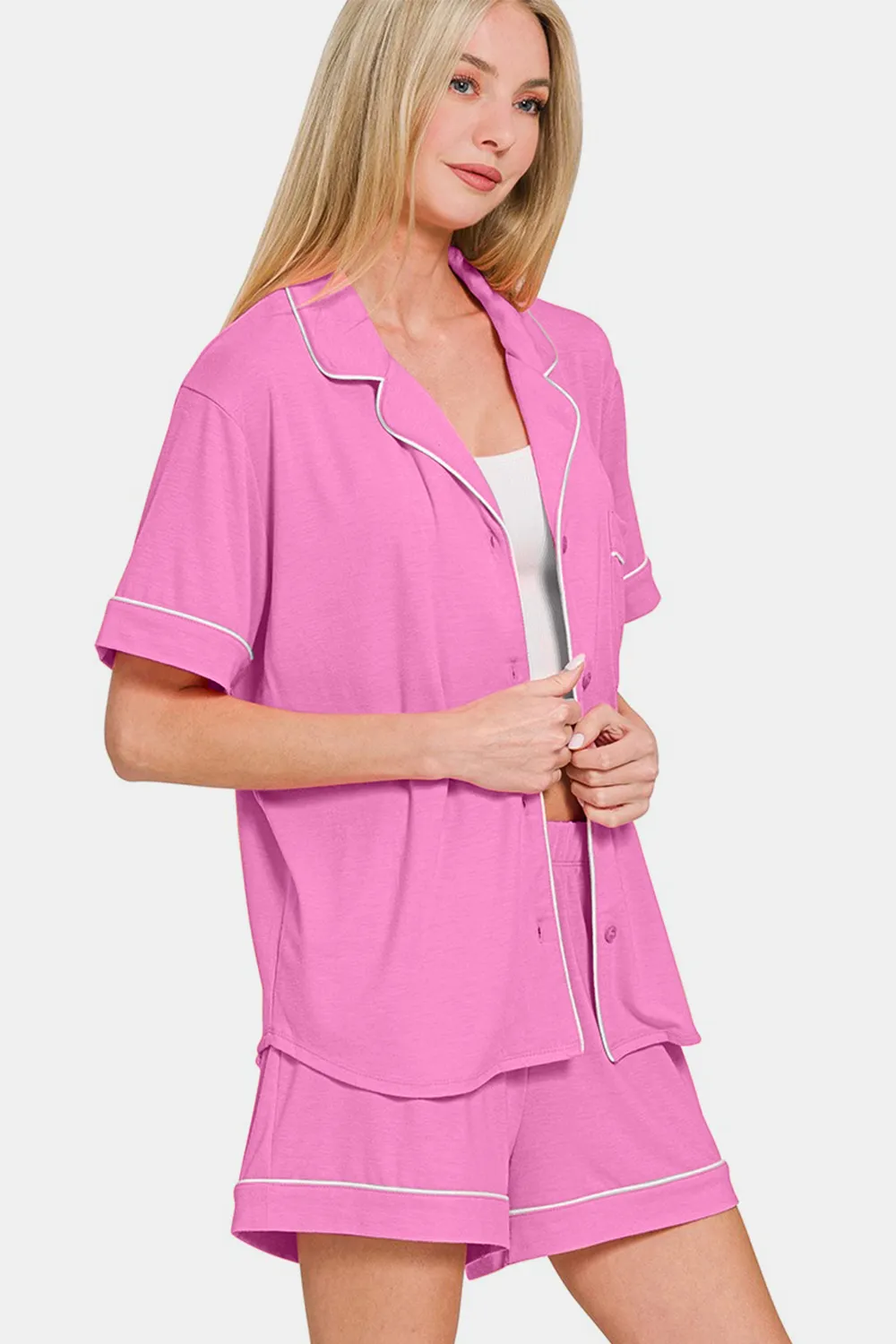 Button Down Short Sleeve Top and Shorts Lounge Set, image 2