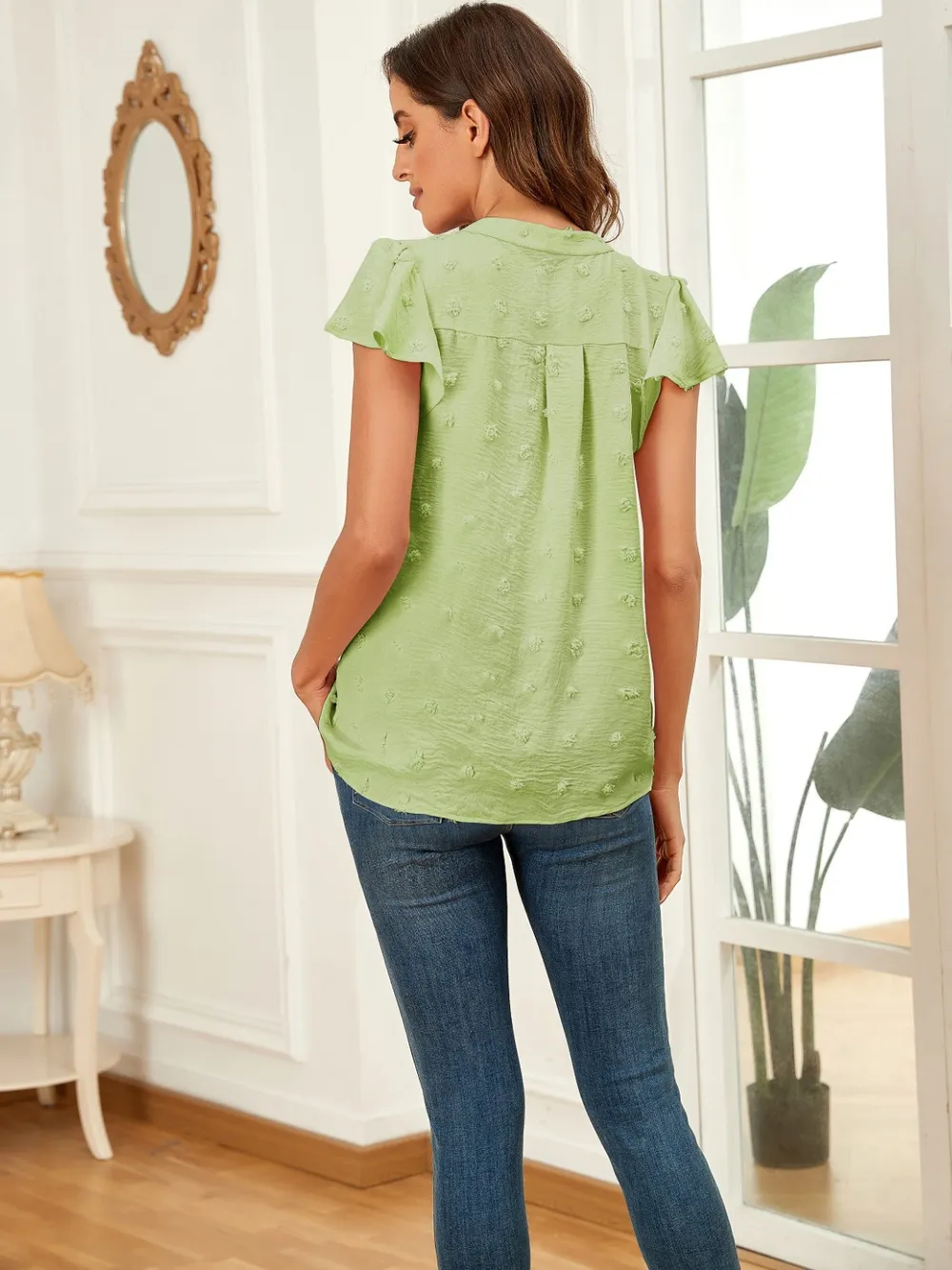 Swiss Dot Notched Cap Sleeve Blouse, image 35