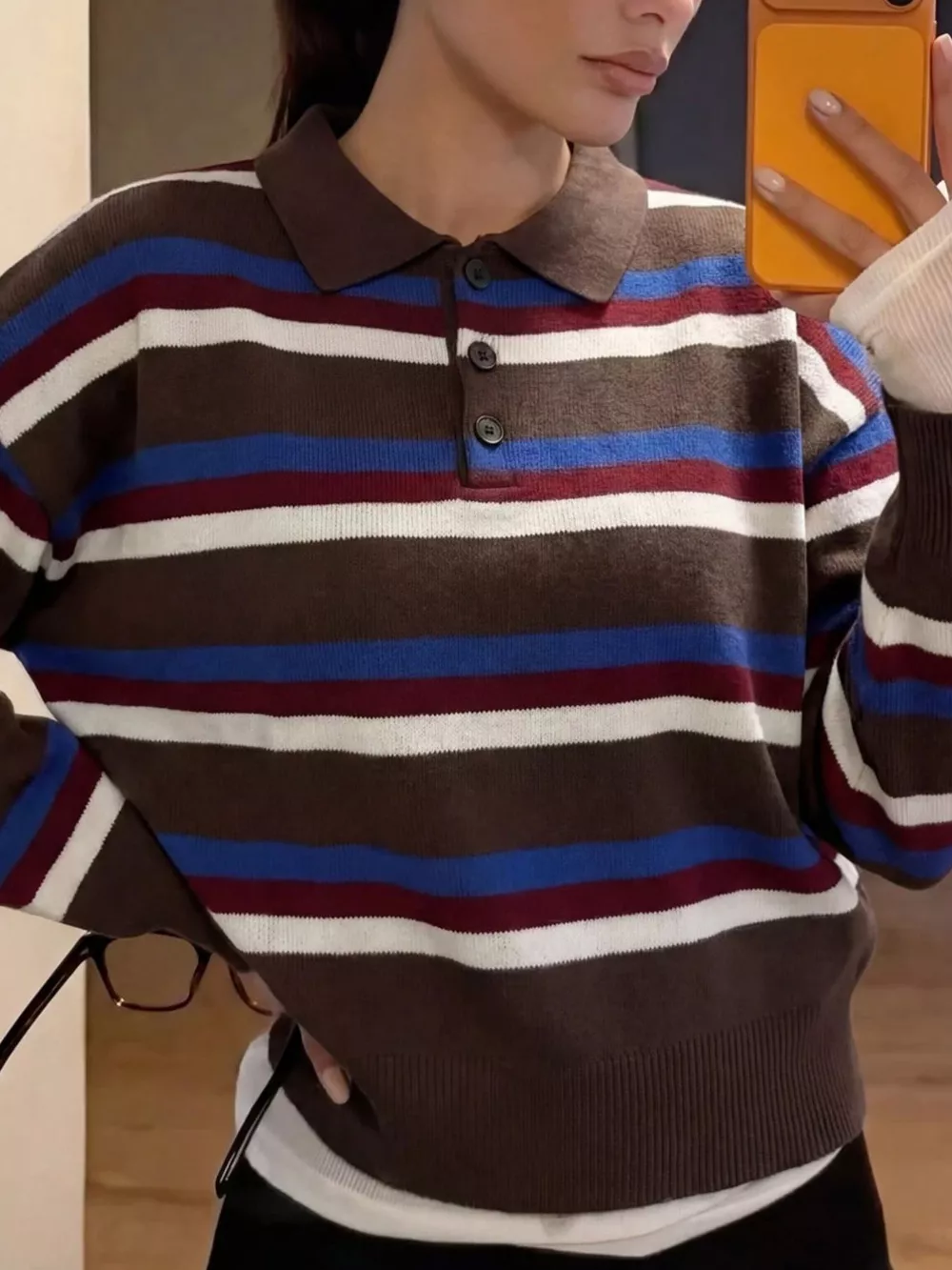 Striped Polo Collar Knit Sweater, image 7