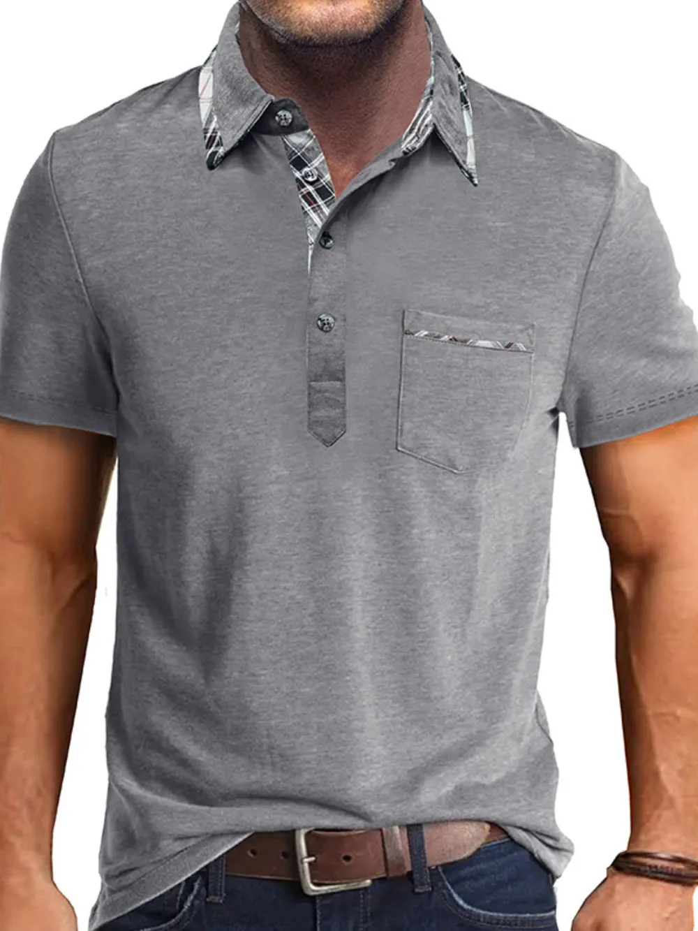 Men's Full Size Classic Plaid Collar Cotton Polo Shirt Plus Size, image 7