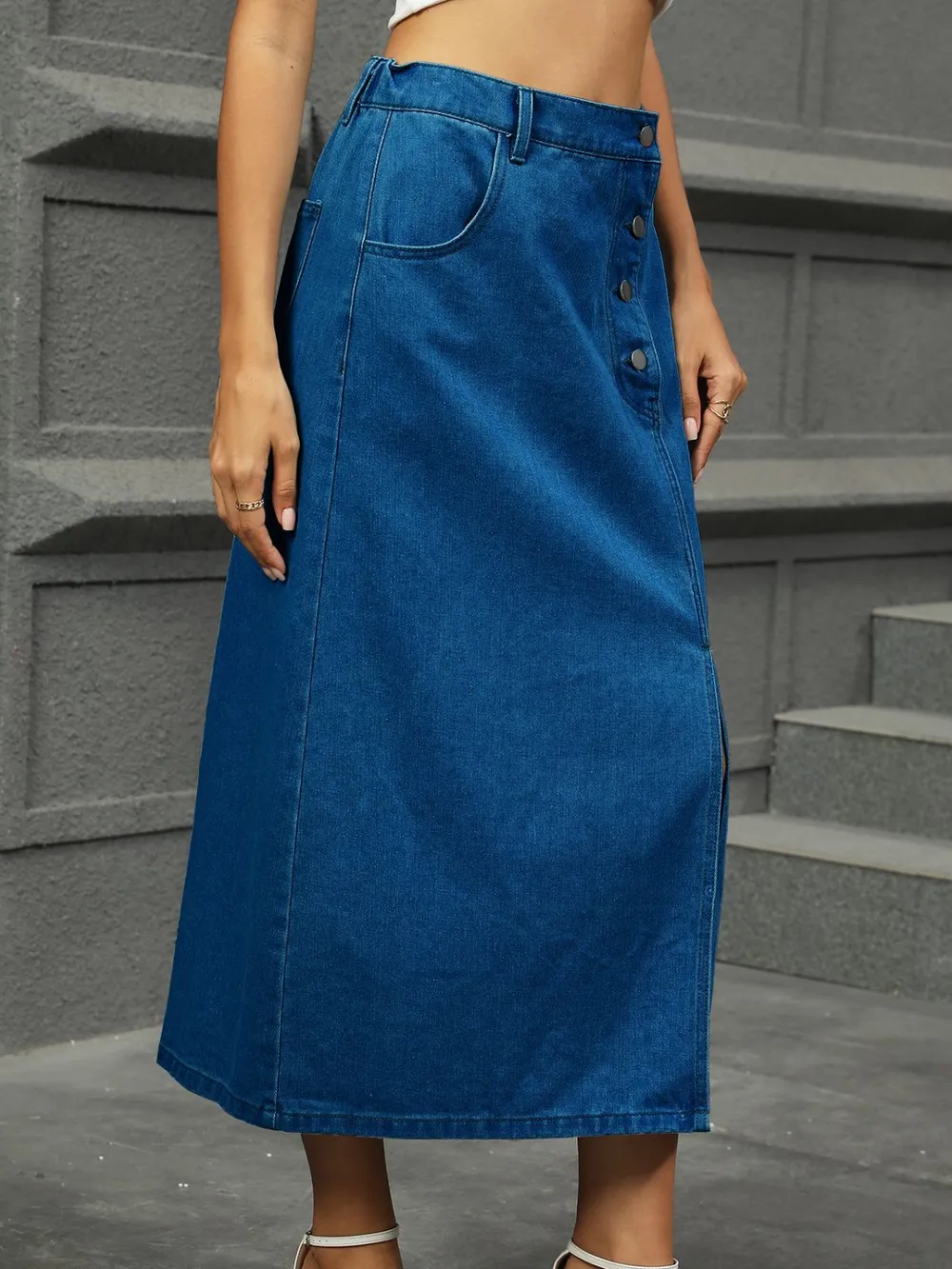 Slit Button Detail Denim Midi Skirt, image 9