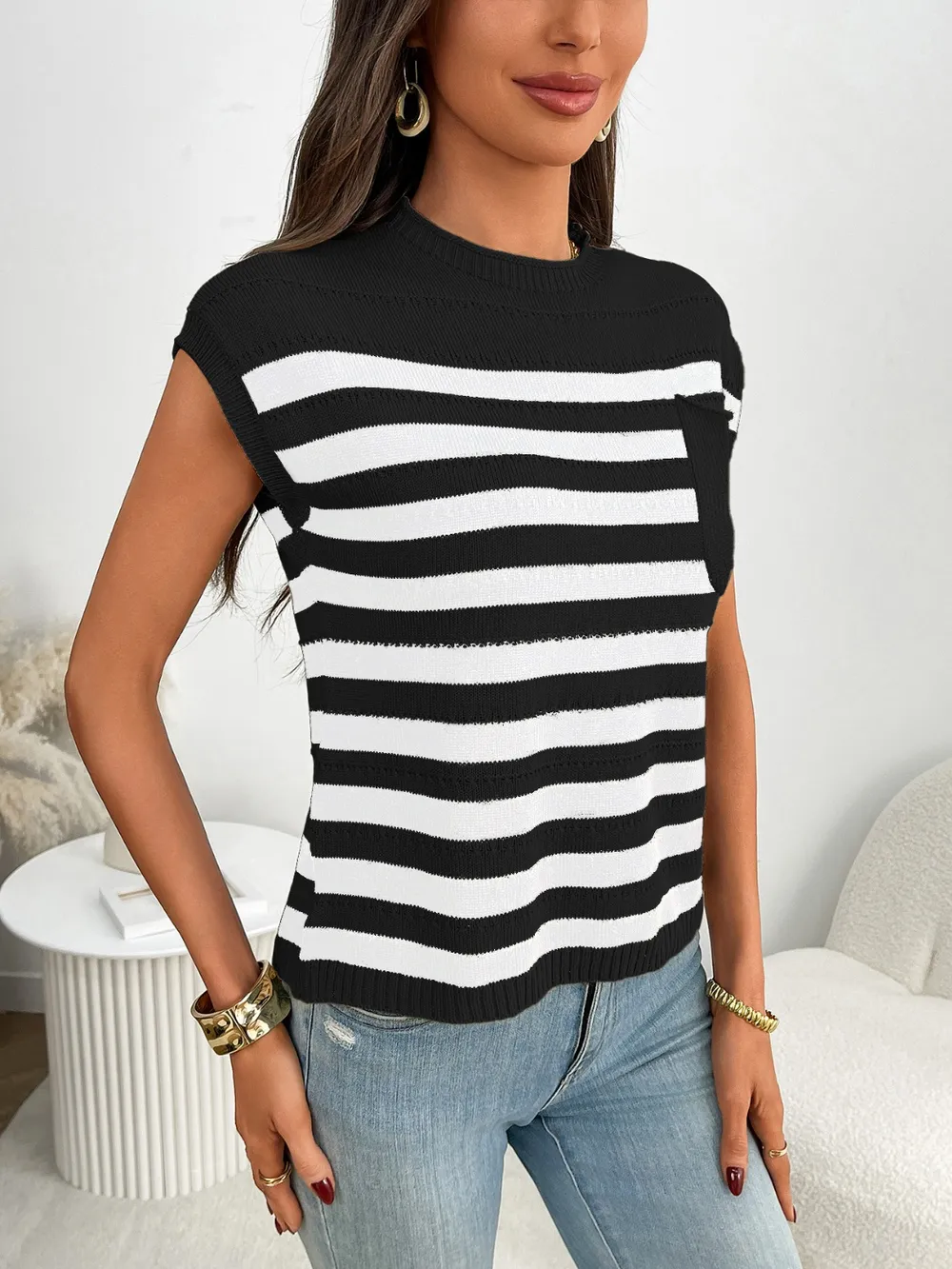 Striped Mock Neck Cap Sleeve Knit Top, image 19