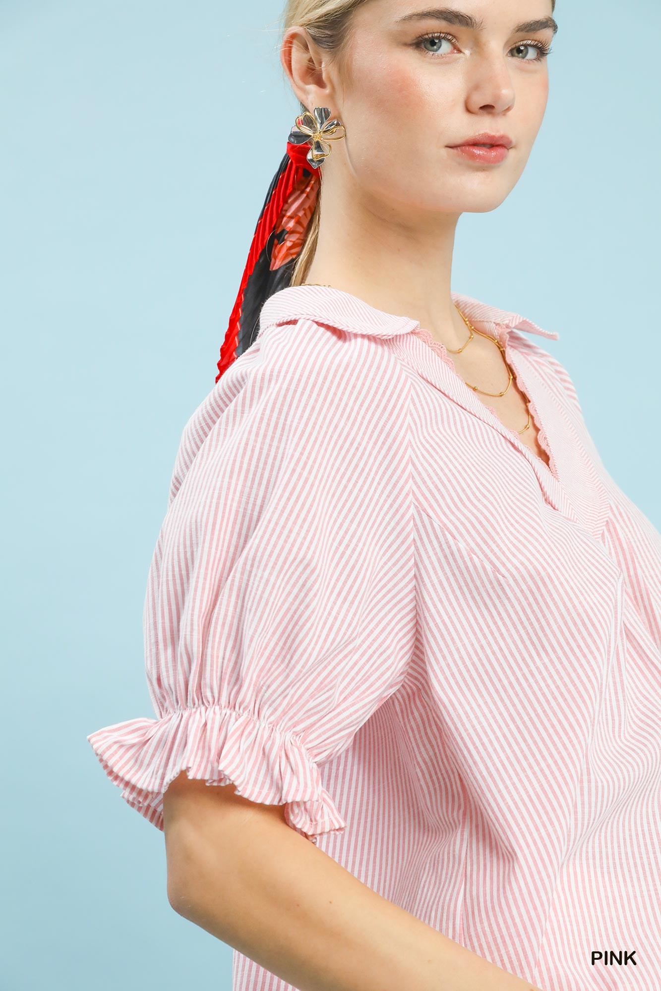 Pinstripe V-Neck Ruffle Sleeve Blouse, image 5