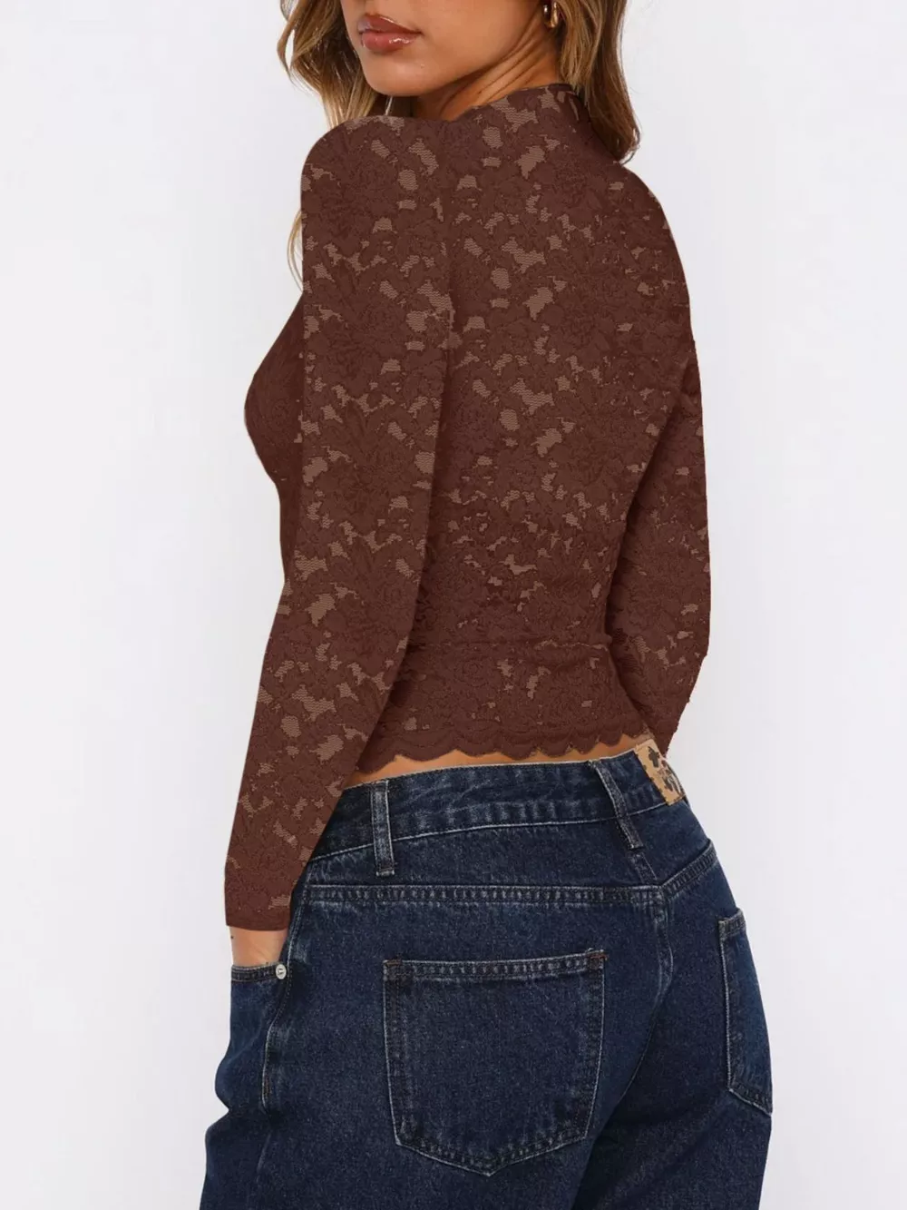 Sheer Lace Long Sleeve V-Neck Top, image 11